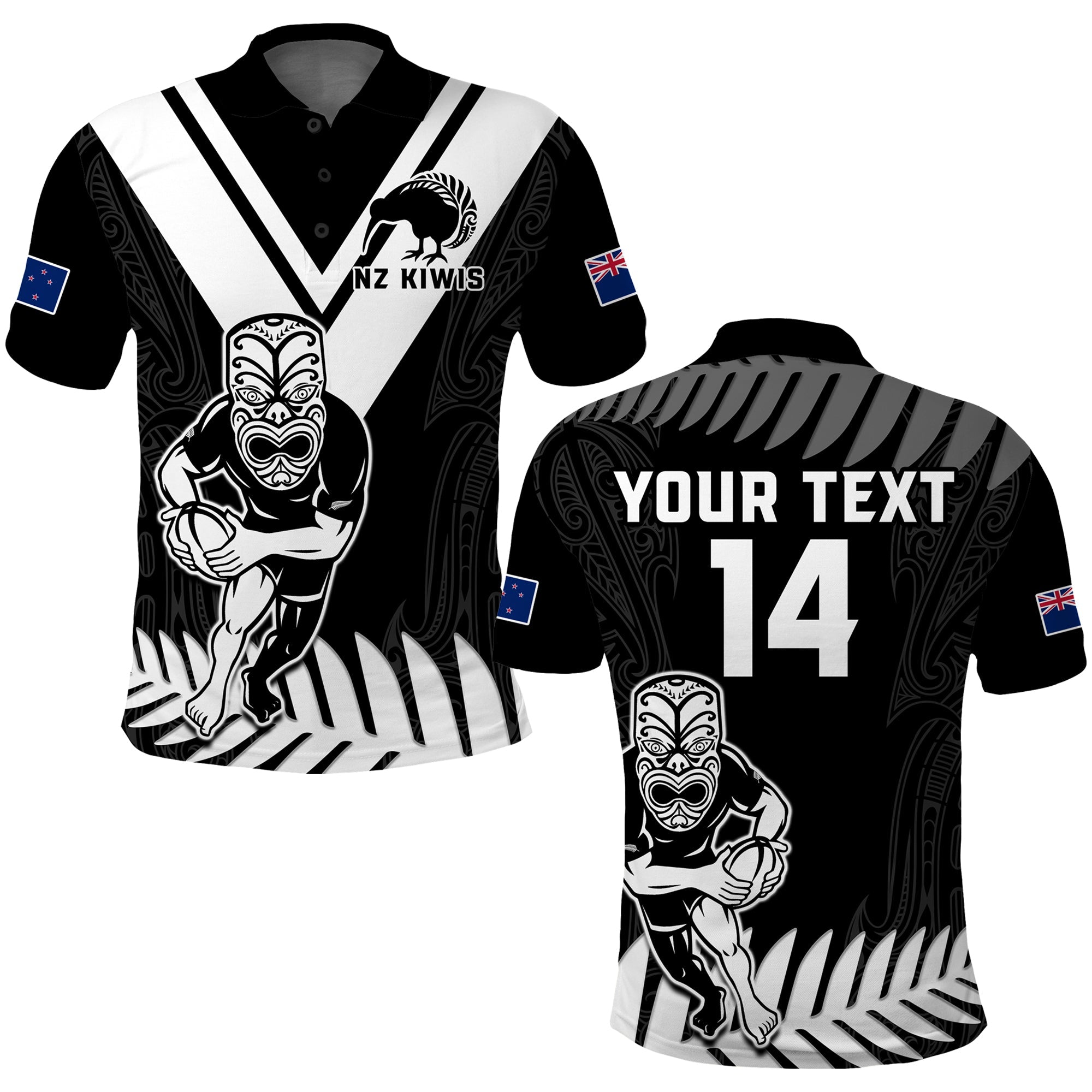 (Custom Text and Number) New Zealand Silver Fern Rugby Polo Shirt NZ Kiwi Pacific Maori Sporty LT14 Black - Polynesian Pride