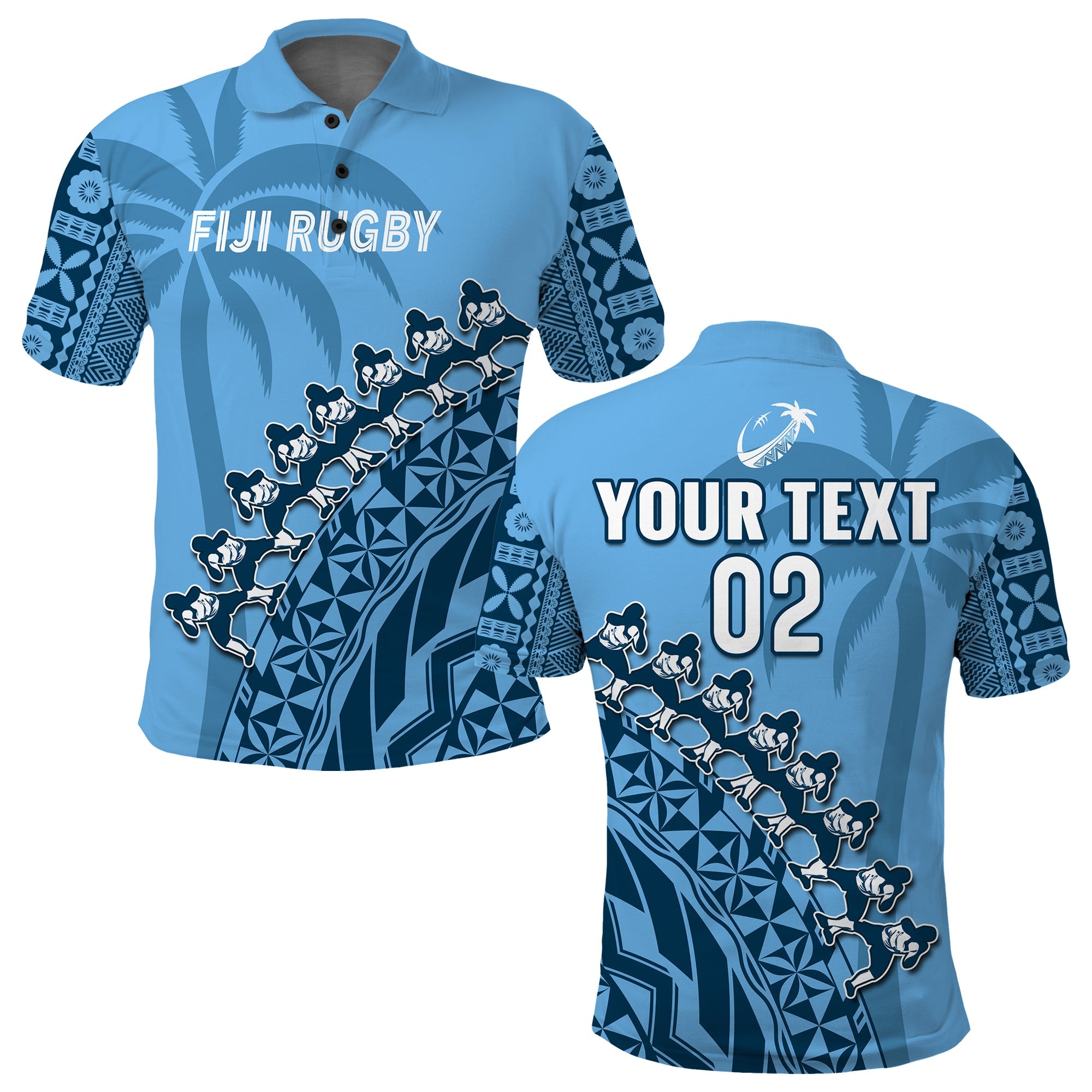 (Custom Text and Number) Fiji Tapa Rugby Polo Shirt Fijian Cibi Dance Tapa Pattern Blue LT14 Adult Blue - Polynesian Pride