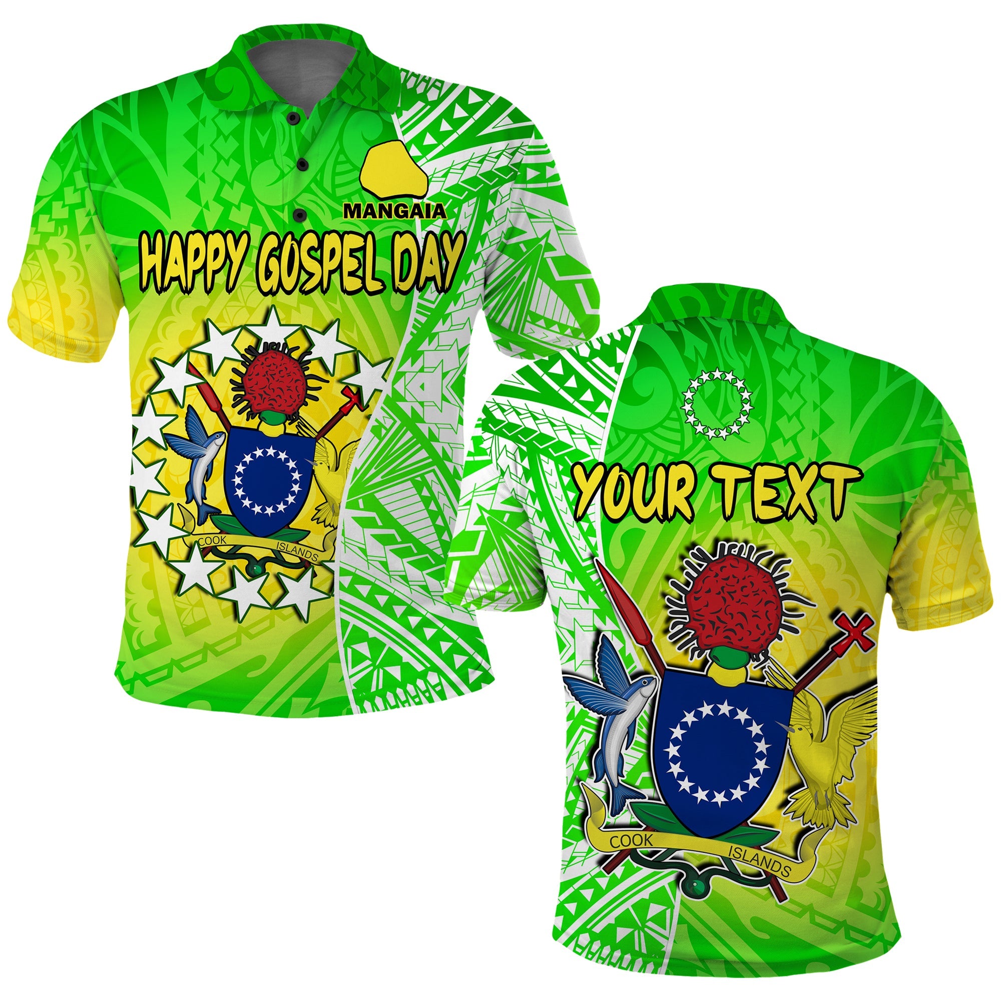 Custom Happy Mangaia Gospel Day Polo Shirt Cook Islands Coat Of Arms Polynesian Pattern LT14 Adult Green - Polynesian Pride