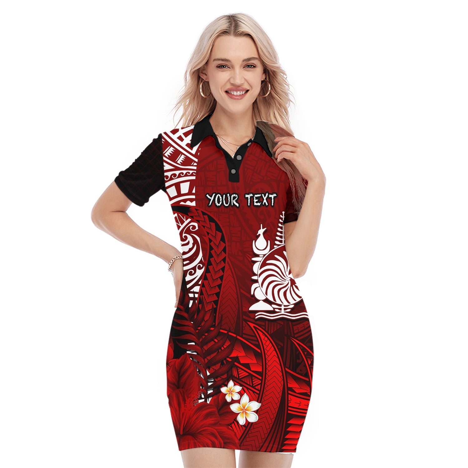 (Custom Personalised) New Caledonia Polo Dress Nautilus Red Polynesian Hibiscus LT13 Red - Polynesian Pride