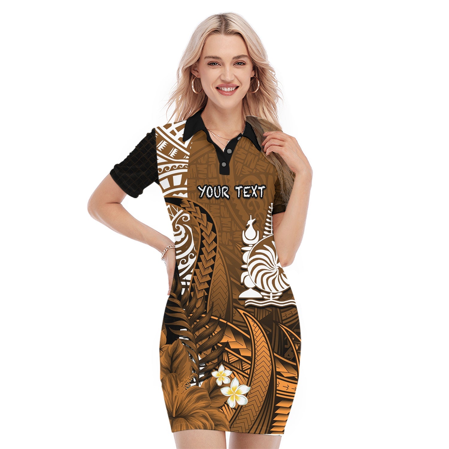 (Custom Personalised) New Caledonia Polo Dress Nautilus Gold Polynesian Hibiscus LT13 Gold - Polynesian Pride