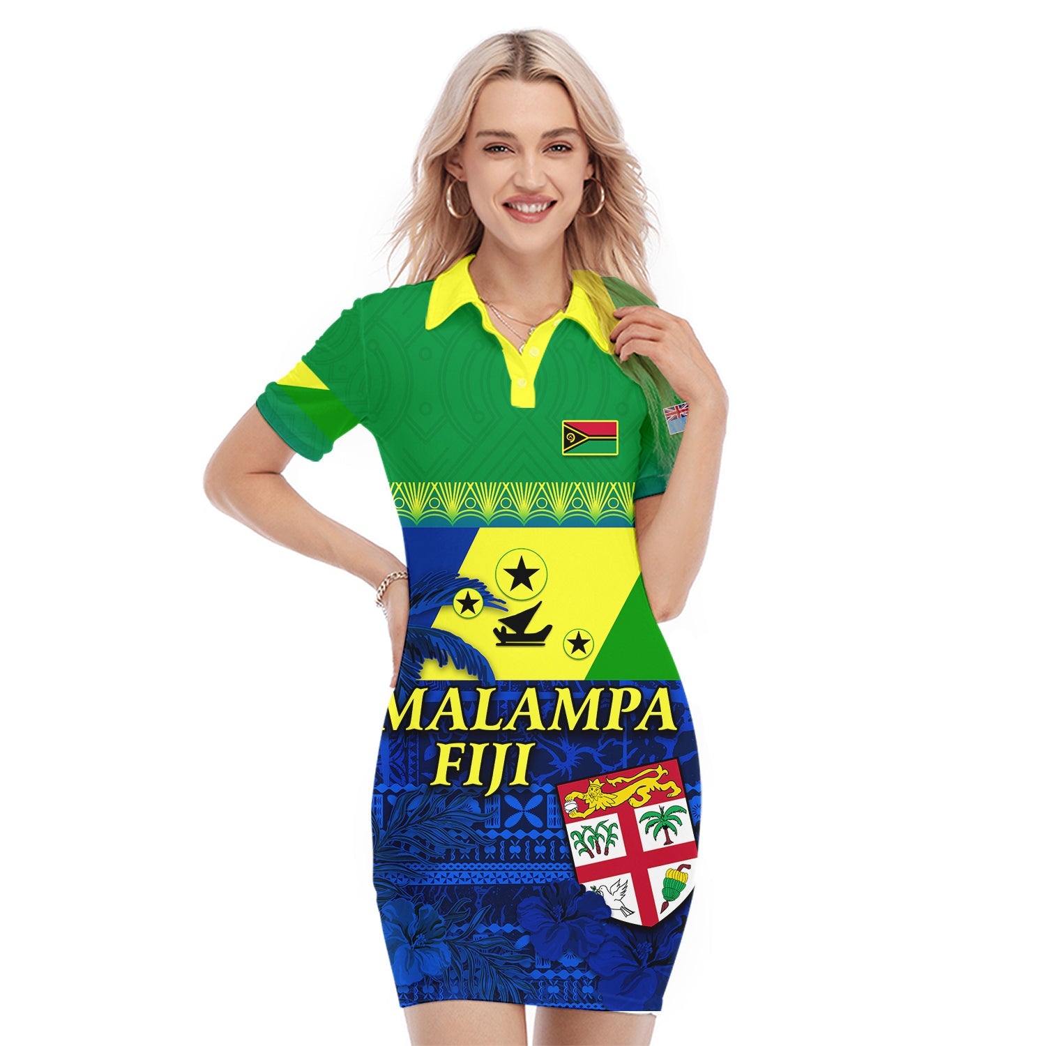 (Custom Personalised) Malampa Fiji Day Polo Dress Vanuatu Polynesia mix Flowers LT13 Green - Polynesian Pride