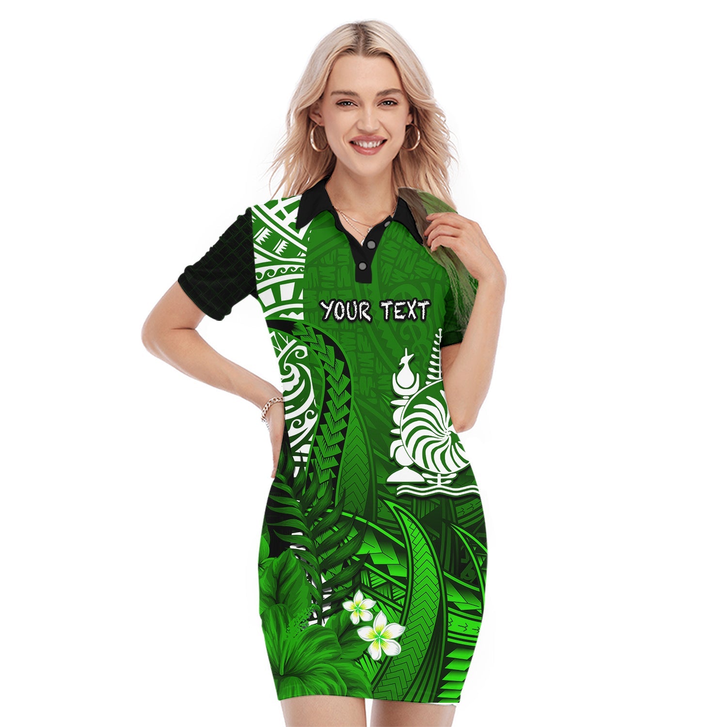 (Custom Personalised) New Caledonia Polo Dress Nautilus Green Polynesian Hibiscus LT13 Green - Polynesian Pride