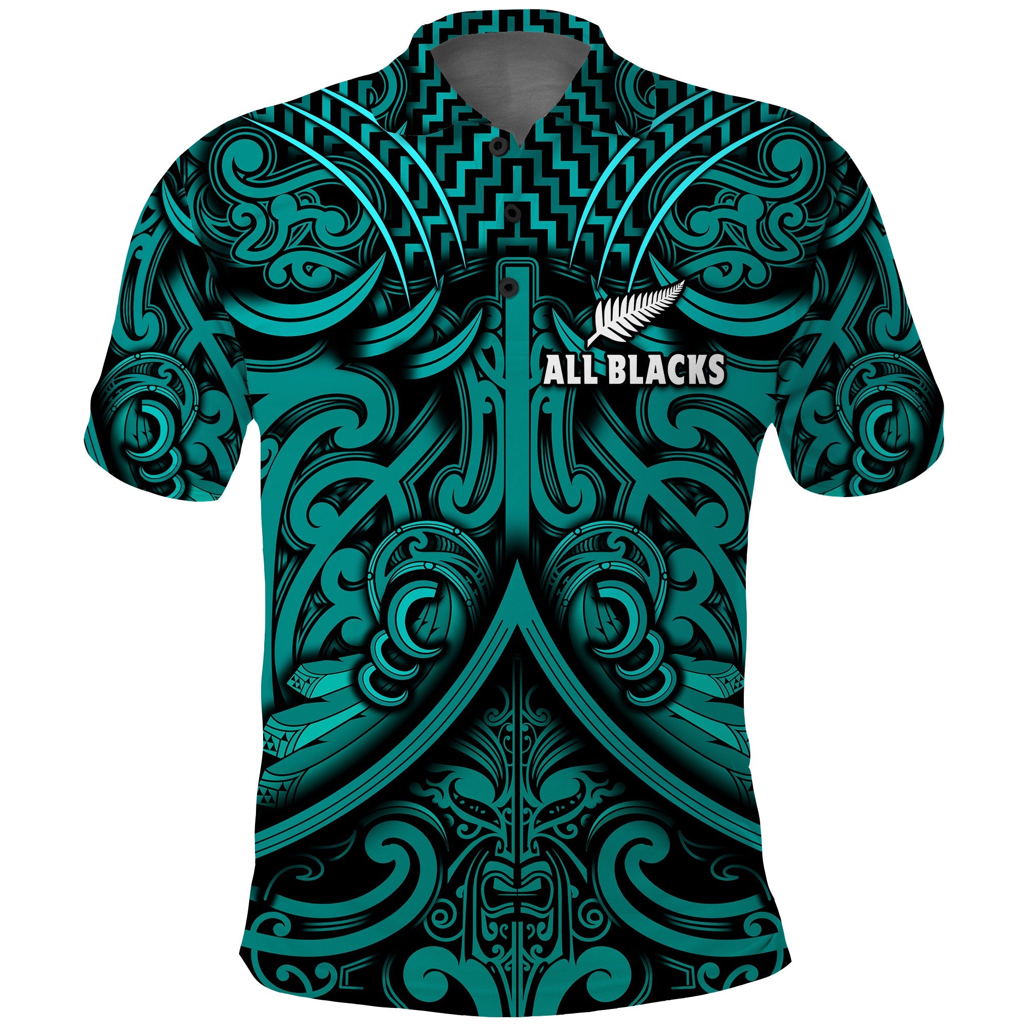 New Zealand Silver Fern Rugby Polo Shirt All Black Turquoise NZ Maori Pattern LT13 Turquoise - Polynesian Pride