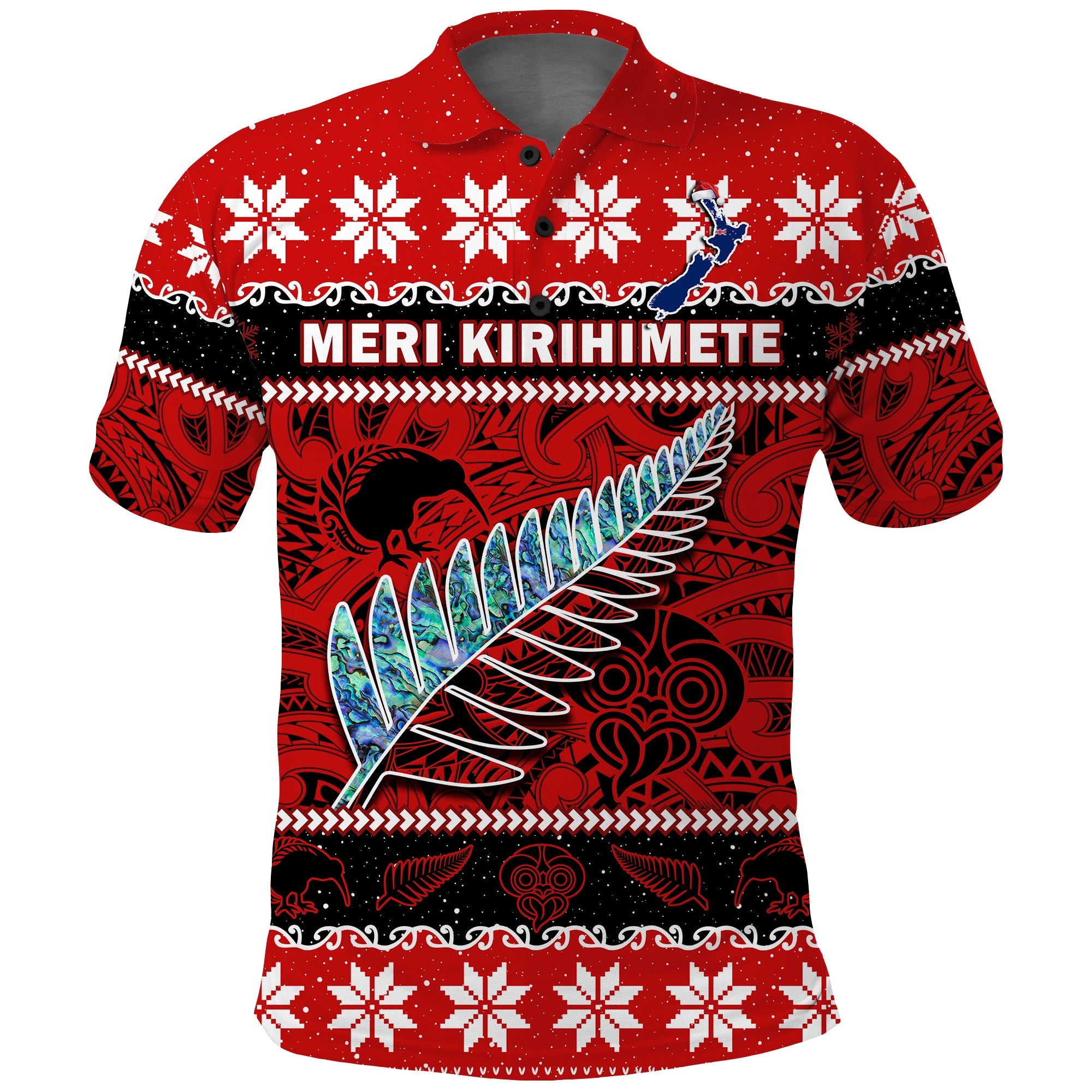 New Zealand Christmas Polo Shirt Paua Shell Silver Fern Meri Kirihimete LT14 Red - Polynesian Pride