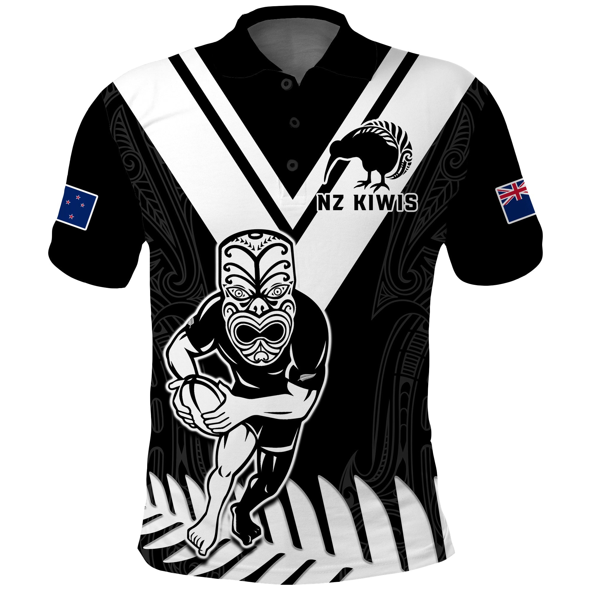 New Zealand Silver Fern Rugby Polo Shirt NZ Kiwi Pacific Maori Sporty LT14 Black - Polynesian Pride