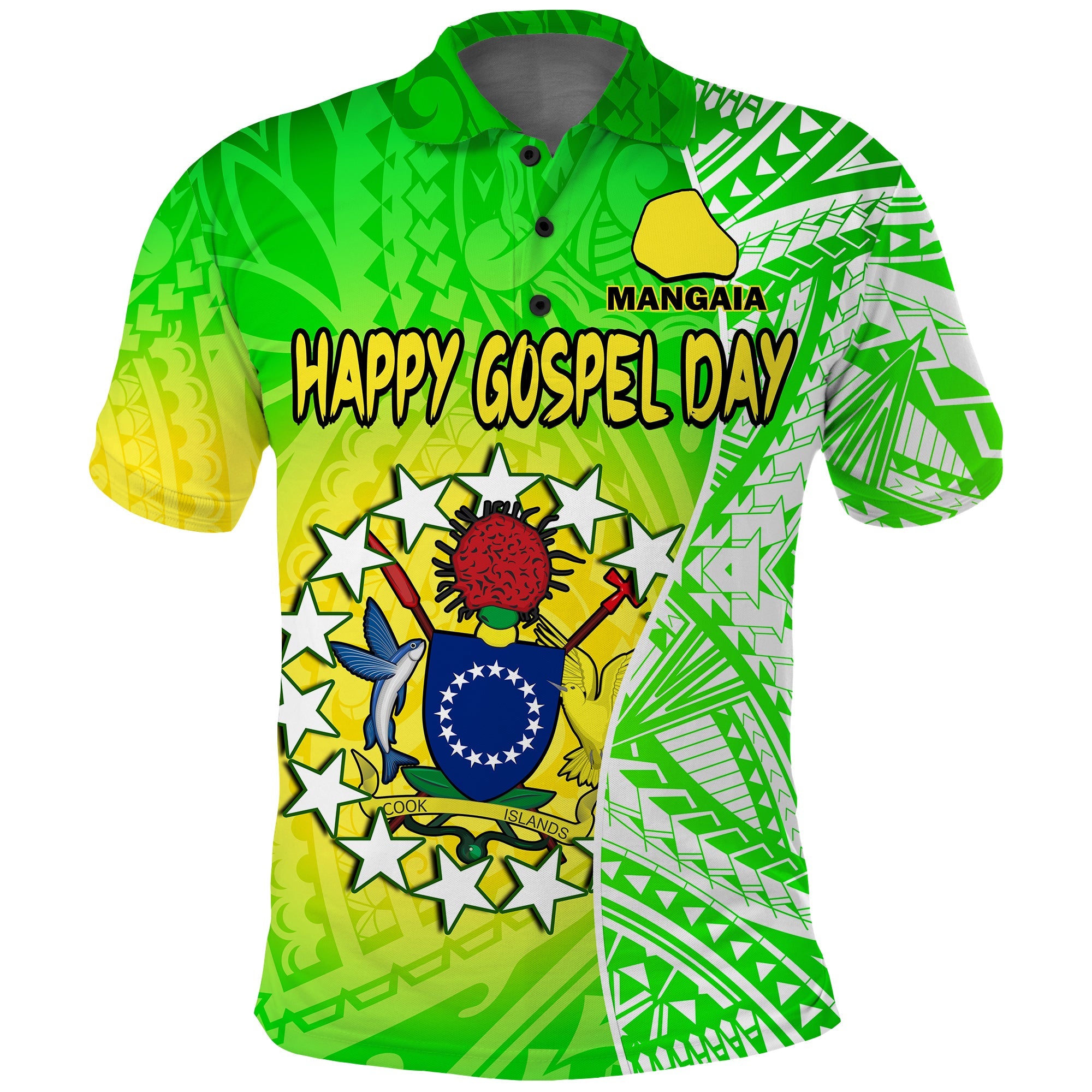 Happy Mangaia Gospel Day Polo Shirt Cook Islands Coat Of Arms Polynesian Pattern LT14 Adult Green - Polynesian Pride