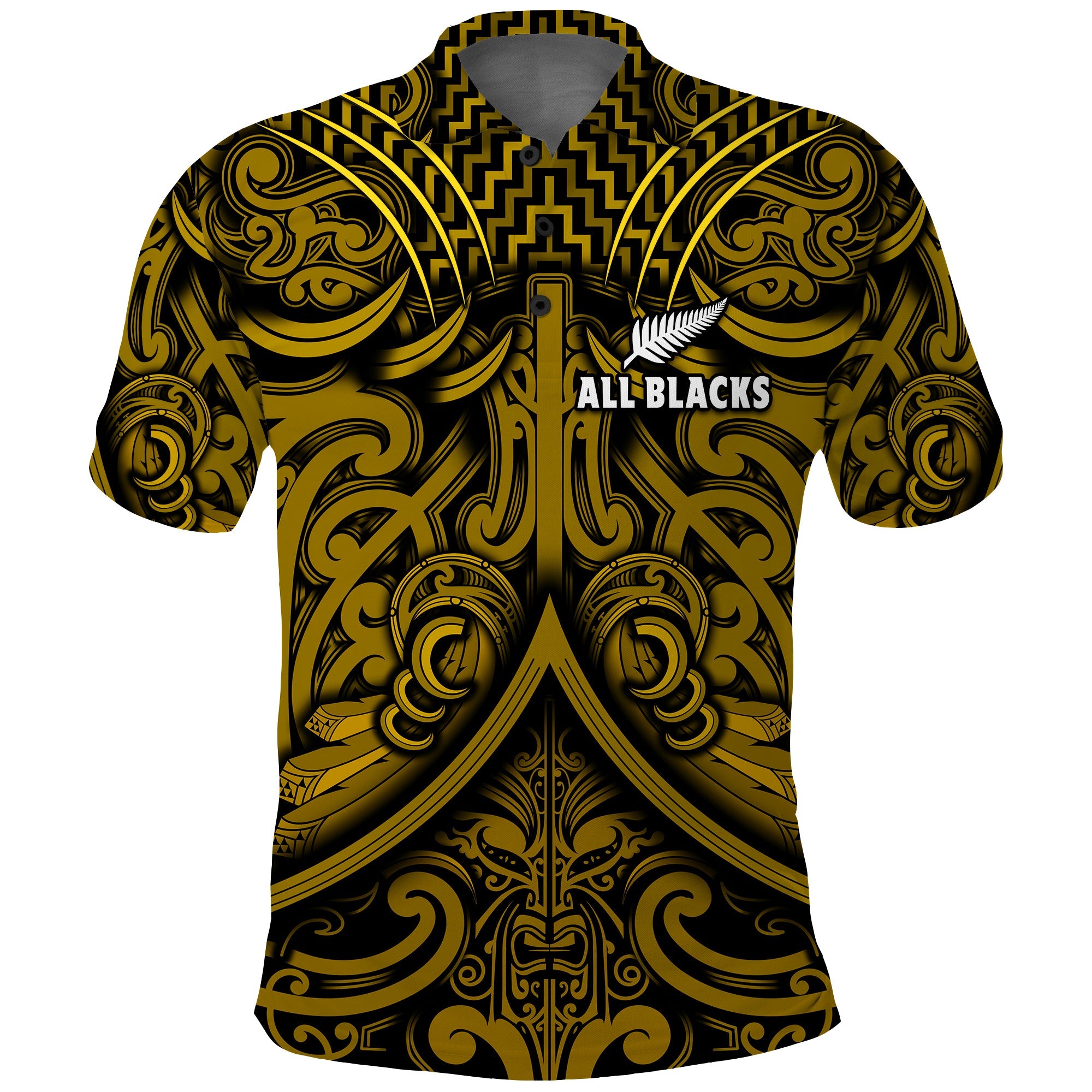New Zealand Silver Fern Rugby Polo Shirt All Black Gold NZ Maori Pattern LT13 Gold - Polynesian Pride