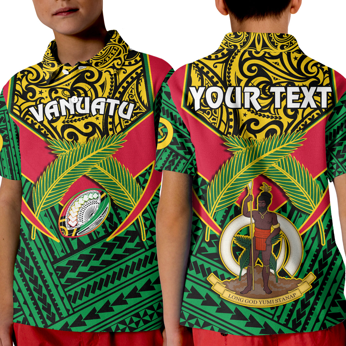 Custom Vanuatu Rugby Polo Shirt KID Coat Of Arms Polynesian Pattern LT14 Kid Green - Polynesian Pride