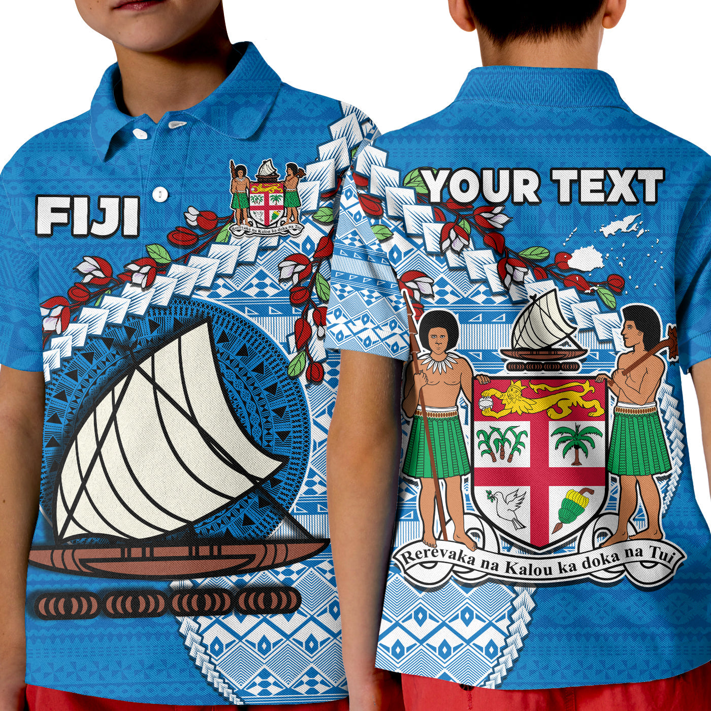 (Custom Personalised) Fiji Polo Shirt KID Fijian Drua Mix Tagimaucia Flower Blue Style LT14 Kid Blue - Polynesian Pride