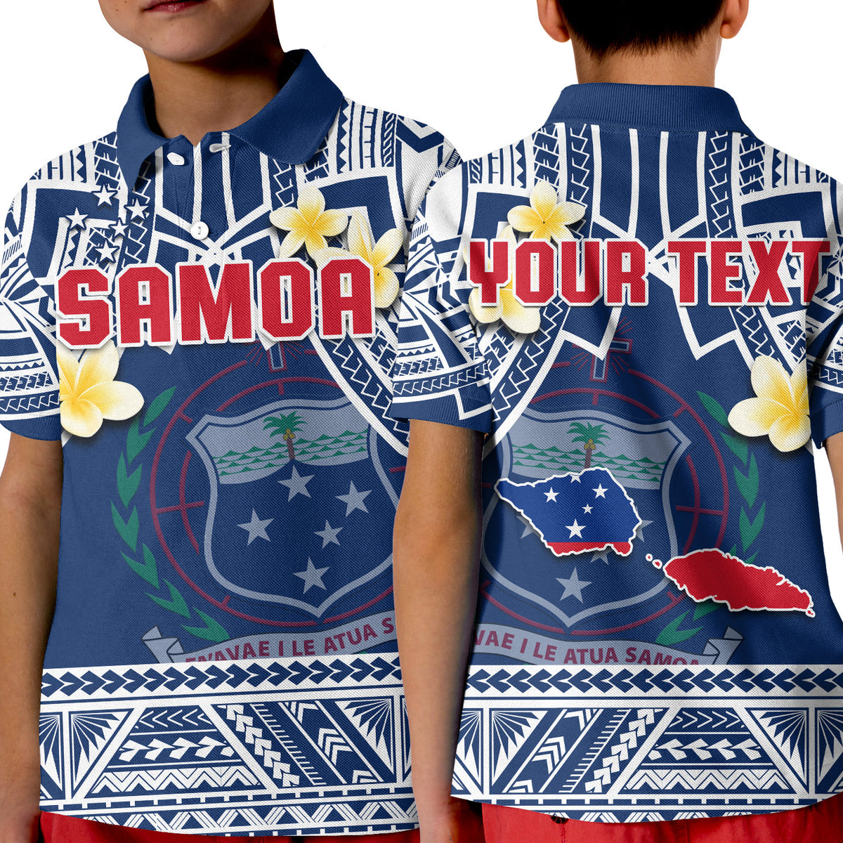 Custom Samoa Polo Shirt Samoan Plumeria Flowers Mix Polynesian Pattern LT14 Kid Blue - Polynesian Pride