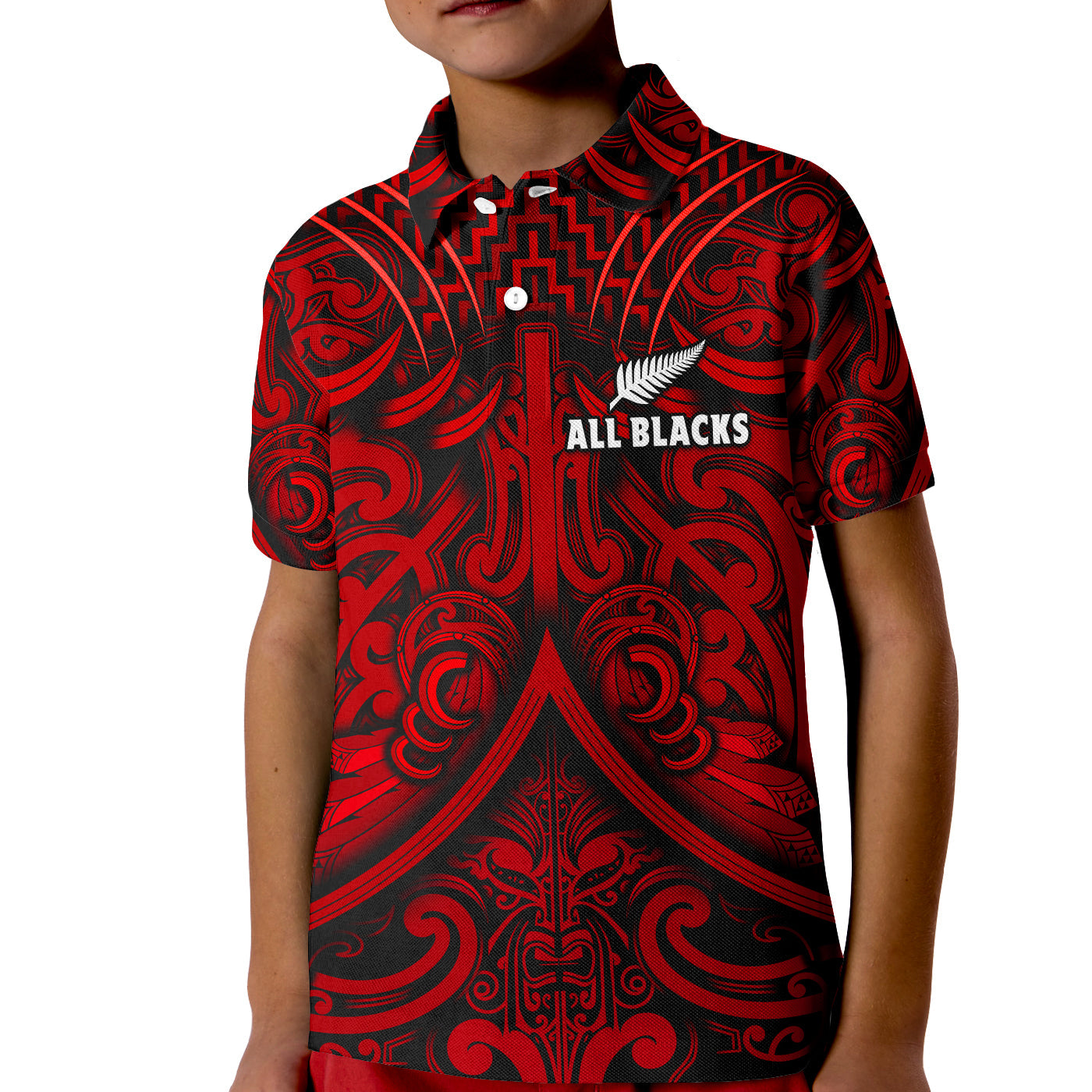 New Zealand Silver Fern Rugby Polo Shirt KID All Black Red NZ Maori Pattern LT13 Kid Red - Polynesian Pride