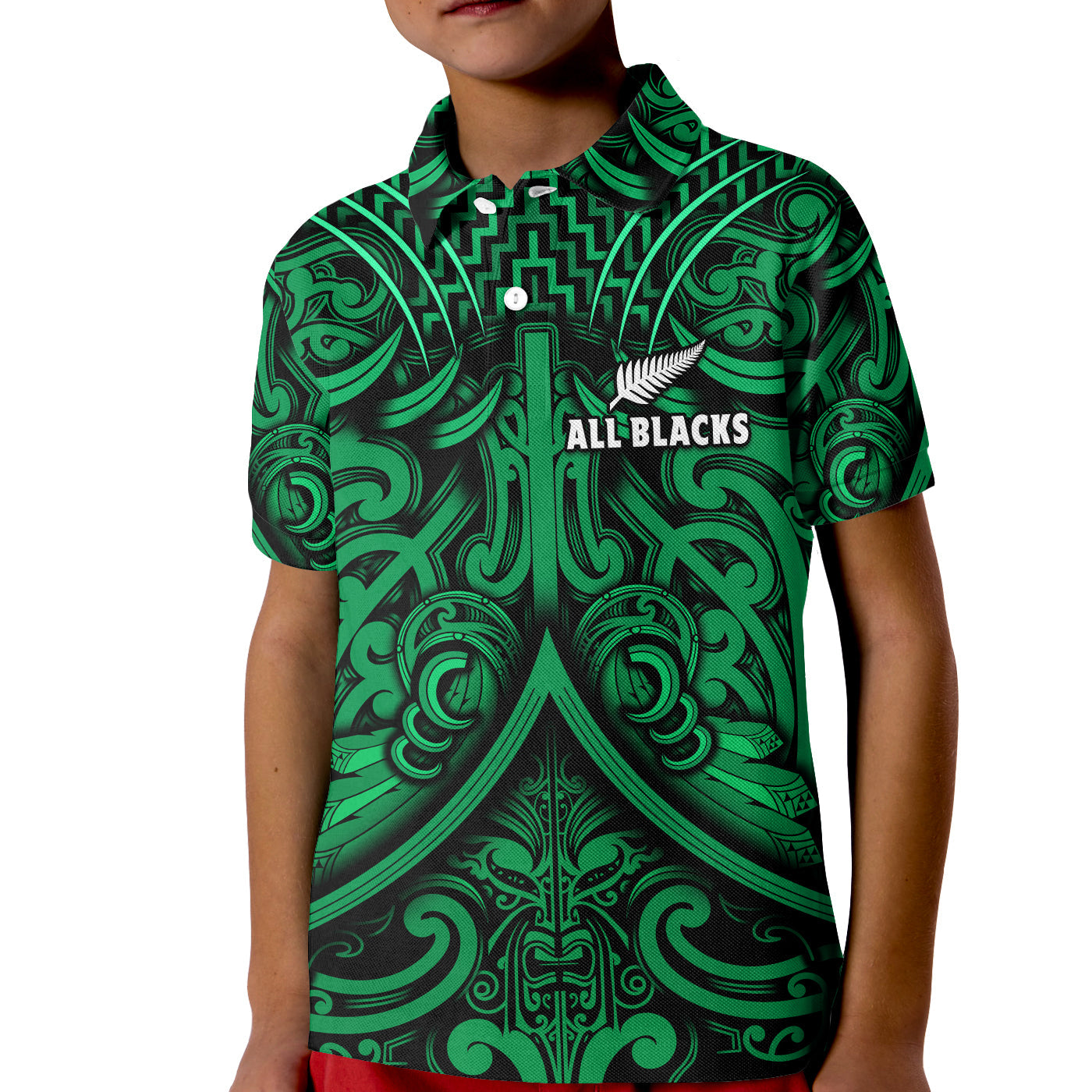 New Zealand Silver Fern Rugby Polo Shirt KID All Black Green NZ Maori Pattern LT13 Kid Green - Polynesian Pride