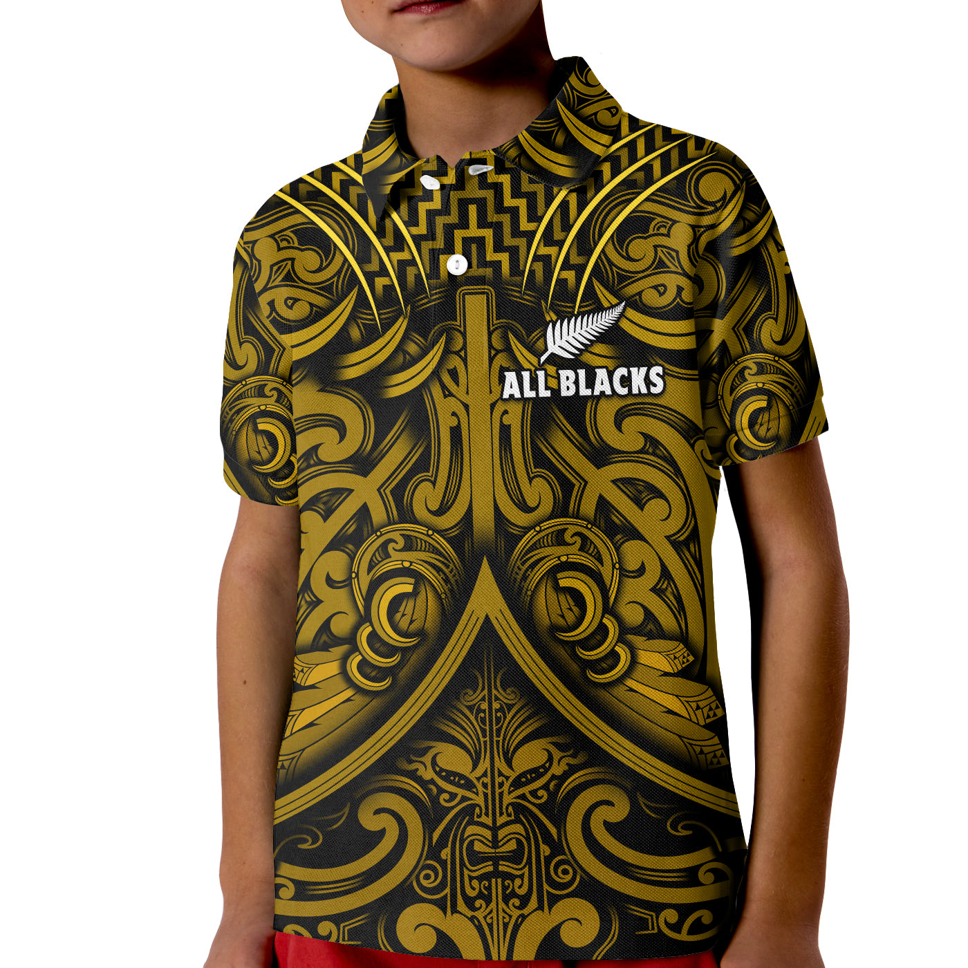 New Zealand Silver Fern Rugby Polo Shirt KID All Black Gold NZ Maori Pattern LT13 Kid Gold - Polynesian Pride