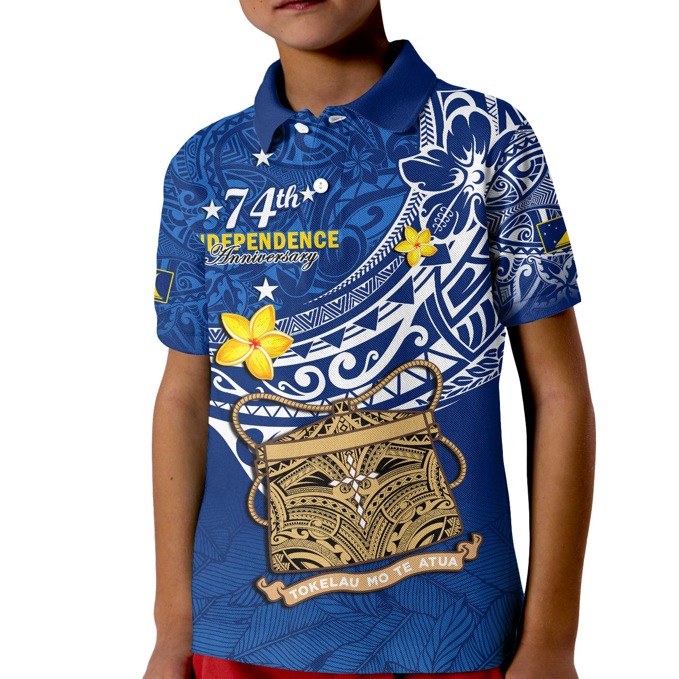 Tokelau Polo Shirt KID National Badge Polynesian Happy 74th Independence Anniversary LT14 Kid Blue - Polynesian Pride