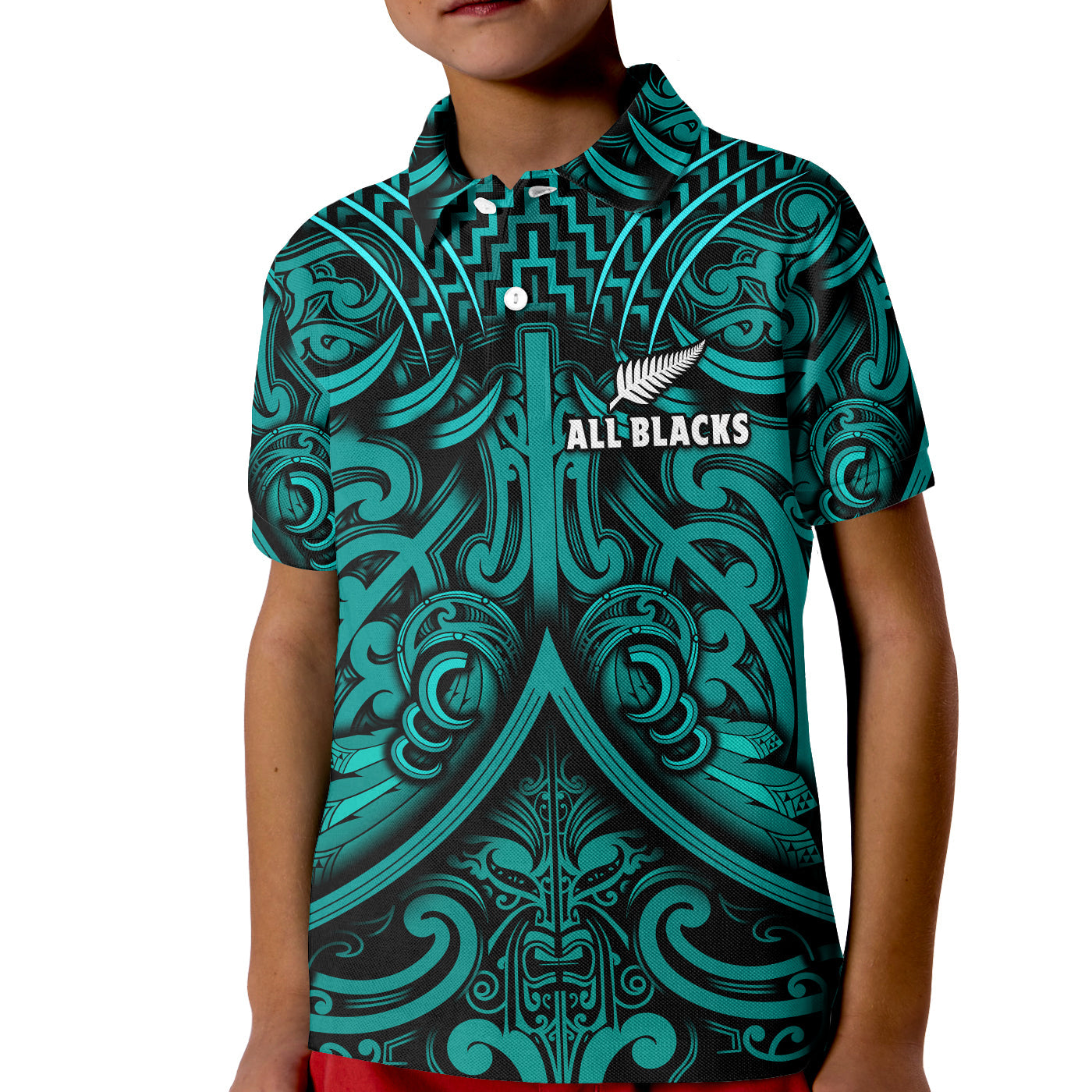 New Zealand Silver Fern Rugby Polo Shirt KID All Black Turquoise NZ Maori Pattern LT13 Kid Turquoise - Polynesian Pride