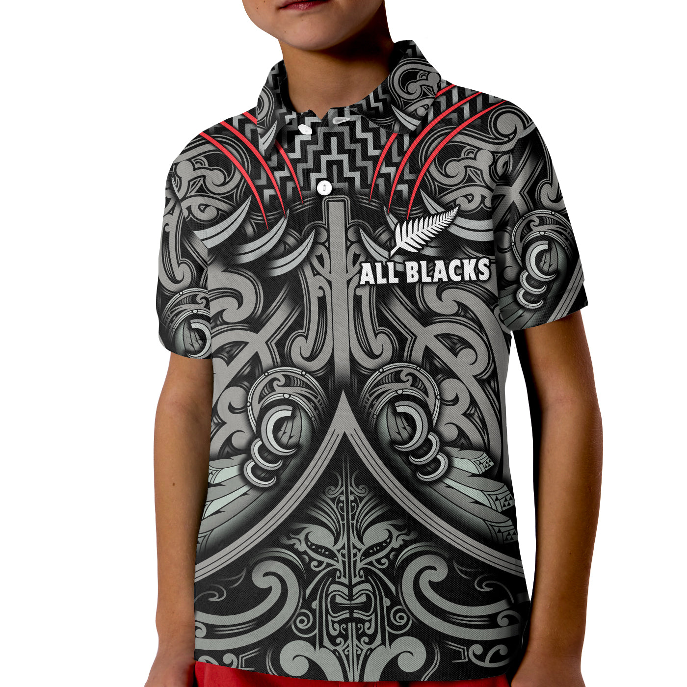 New Zealand Silver Fern Rugby Polo Shirt KID All Black NZ Maori Pattern LT13 Kid Black - Polynesian Pride