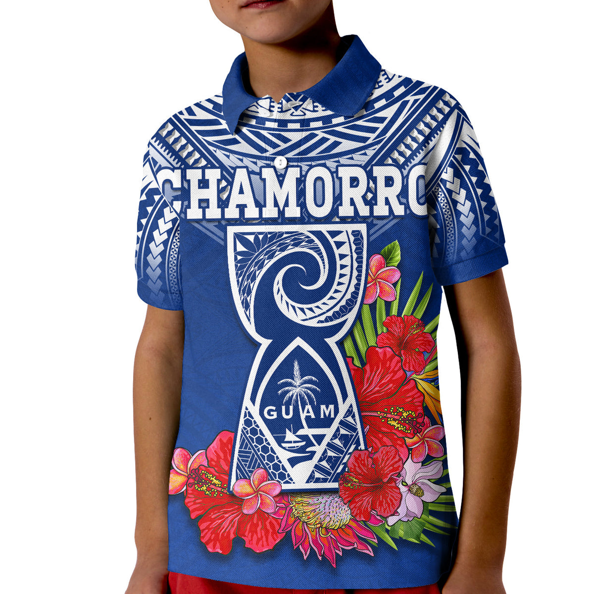 Custom Guam Chamorro Polo Shirt Guaman Latte Stone Tropical Flowers Blue Version LT14 Kid Blue - Polynesian Pride