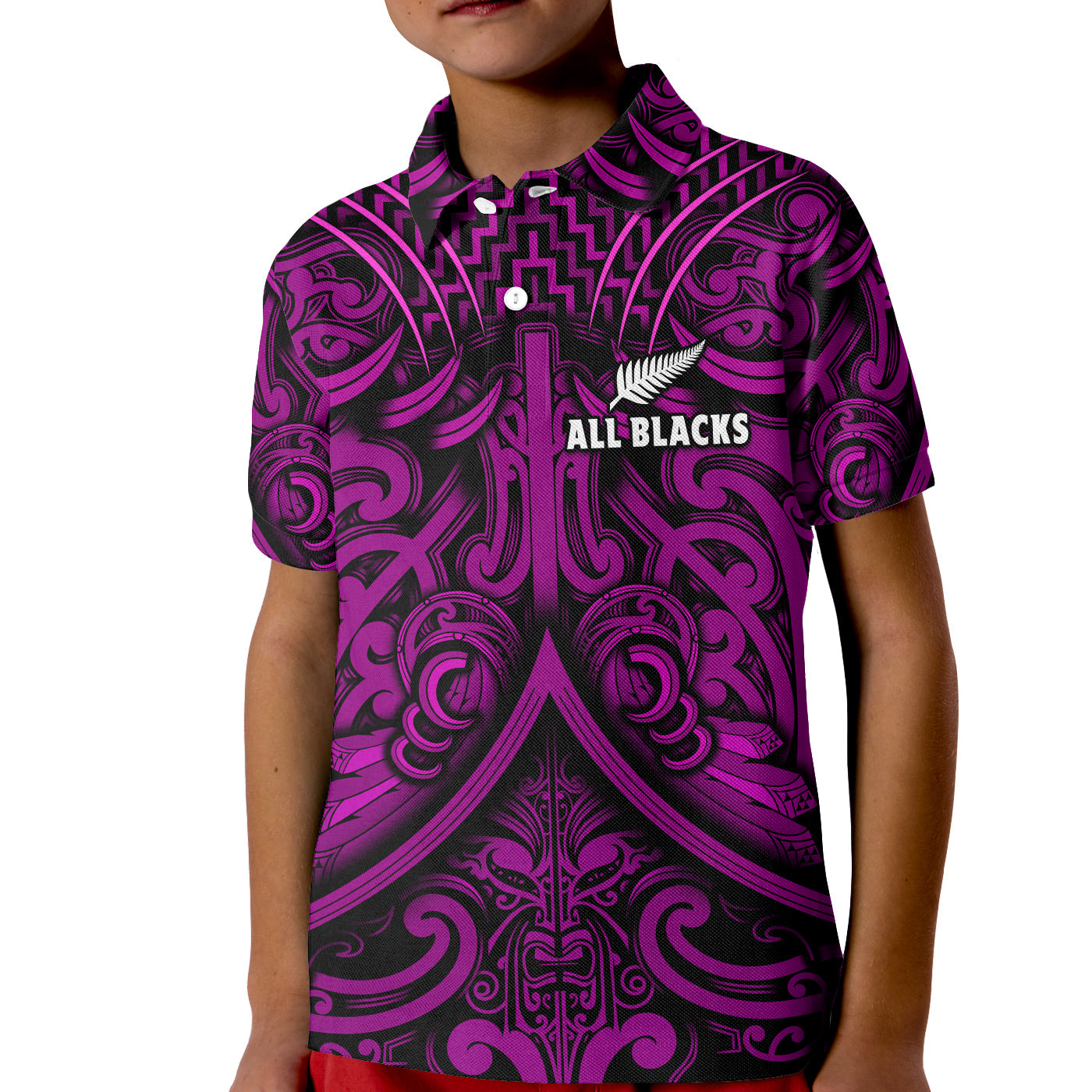 New Zealand Silver Fern Rugby Polo Shirt KID All Black Purple NZ Maori Pattern LT13 Kid Purple - Polynesian Pride