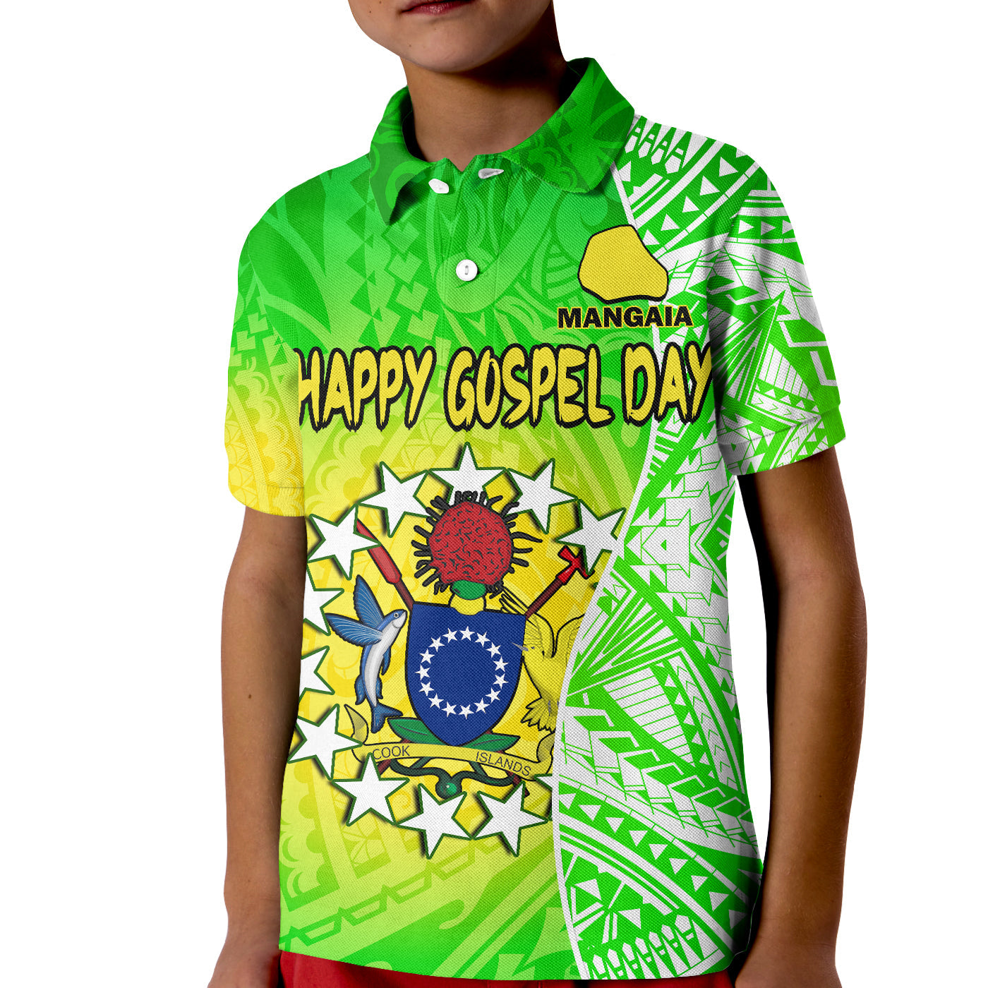Happy Mangaia Gospel Day Polo Shirt KID Cook Islands Coat Of Arms Polynesian Pattern LT14 Kid Green - Polynesian Pride