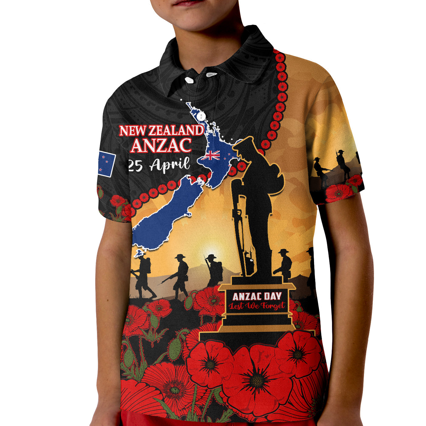 New Zealand Anzac Polo Shirt KID Maori Camouflage Mix Poppies We Will Remember Them LT14 Kid Black - Polynesian Pride