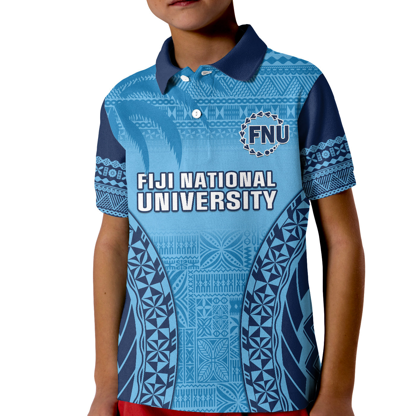 (Custom Personalised) Fiji University Polo Shirt KID National Fijian Tapa Pattern Blue LT14 Kid Blue - Polynesian Pride