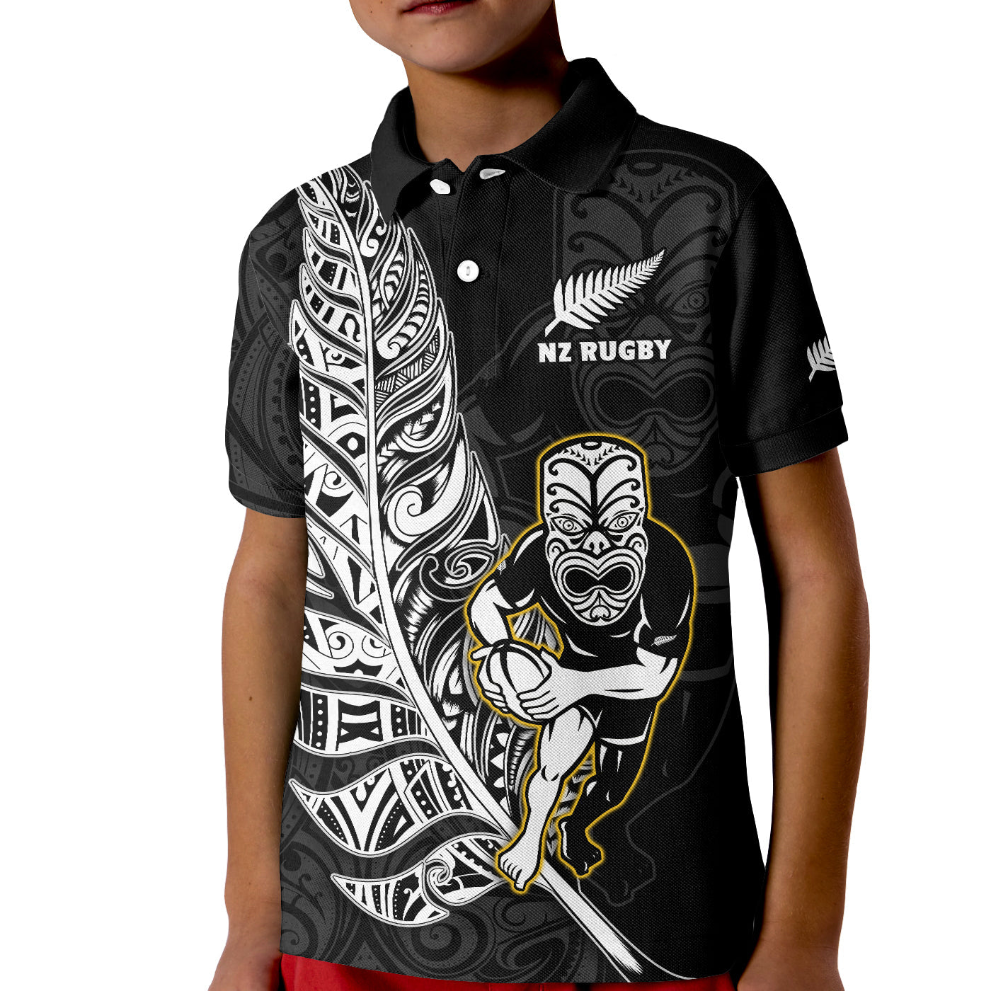 New Zealand Silver Fern Rugby Polo Shirt KID All Black Maori Version Black LT14 Kid Black - Polynesian Pride