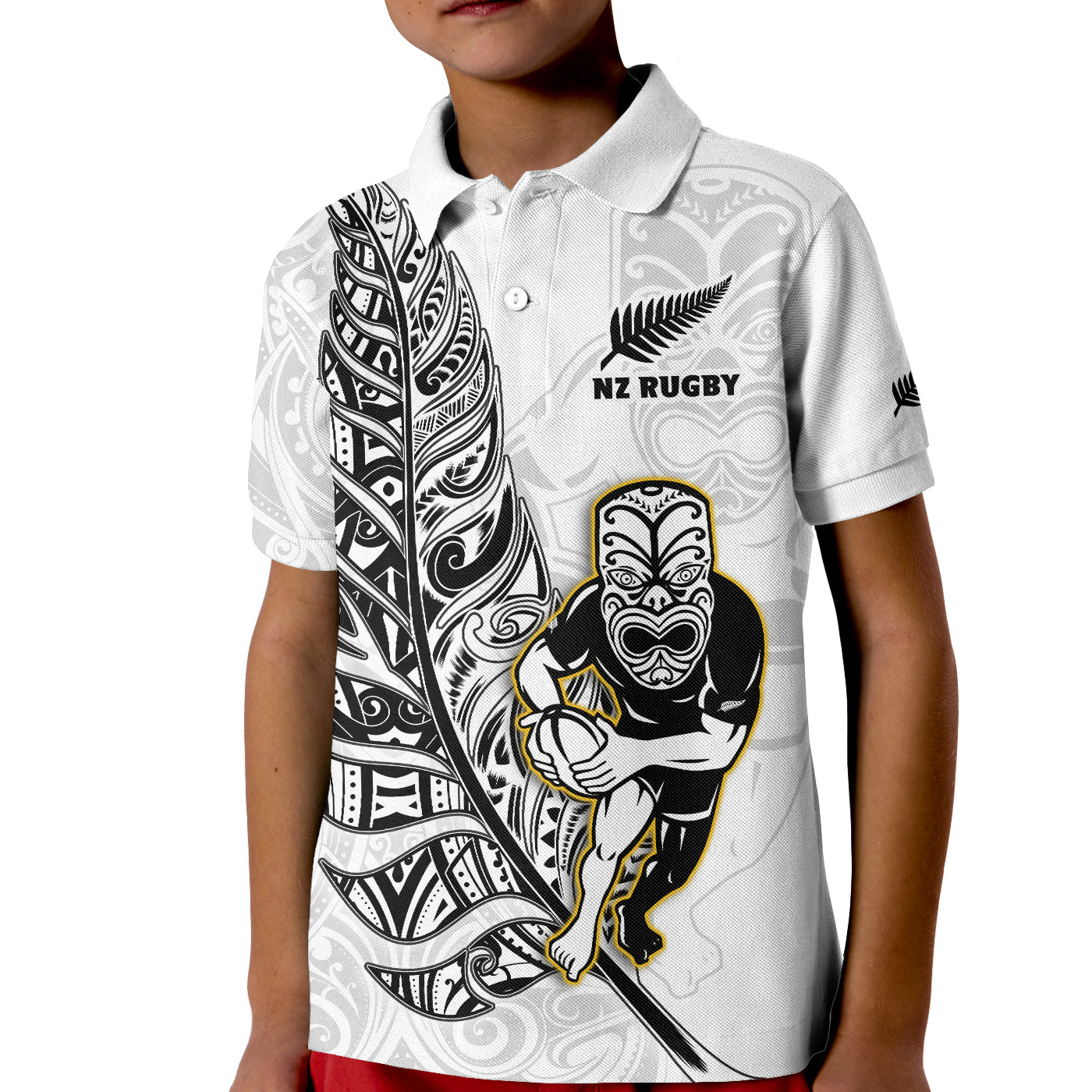 New Zealand Silver Fern Rugby Polo Shirt KID All Black Maori Version White LT14 Kid White - Polynesian Pride