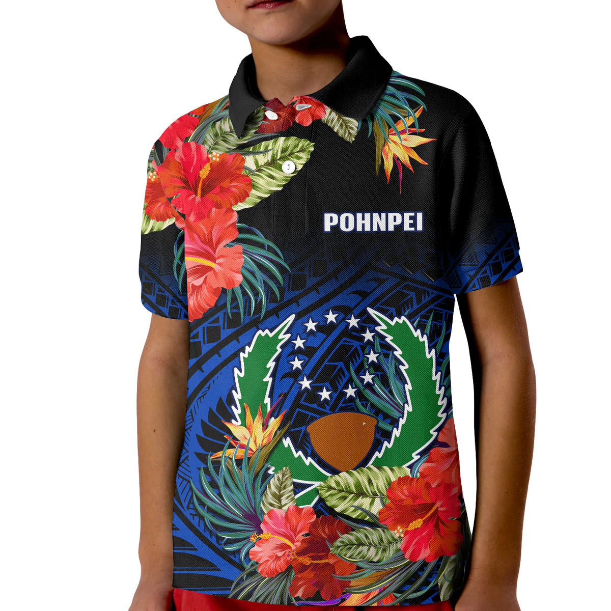 Pohnpei State Polo Shirt FSM Hibiscus Flowers Mix Polynesian LT14 - Polynesian Pride