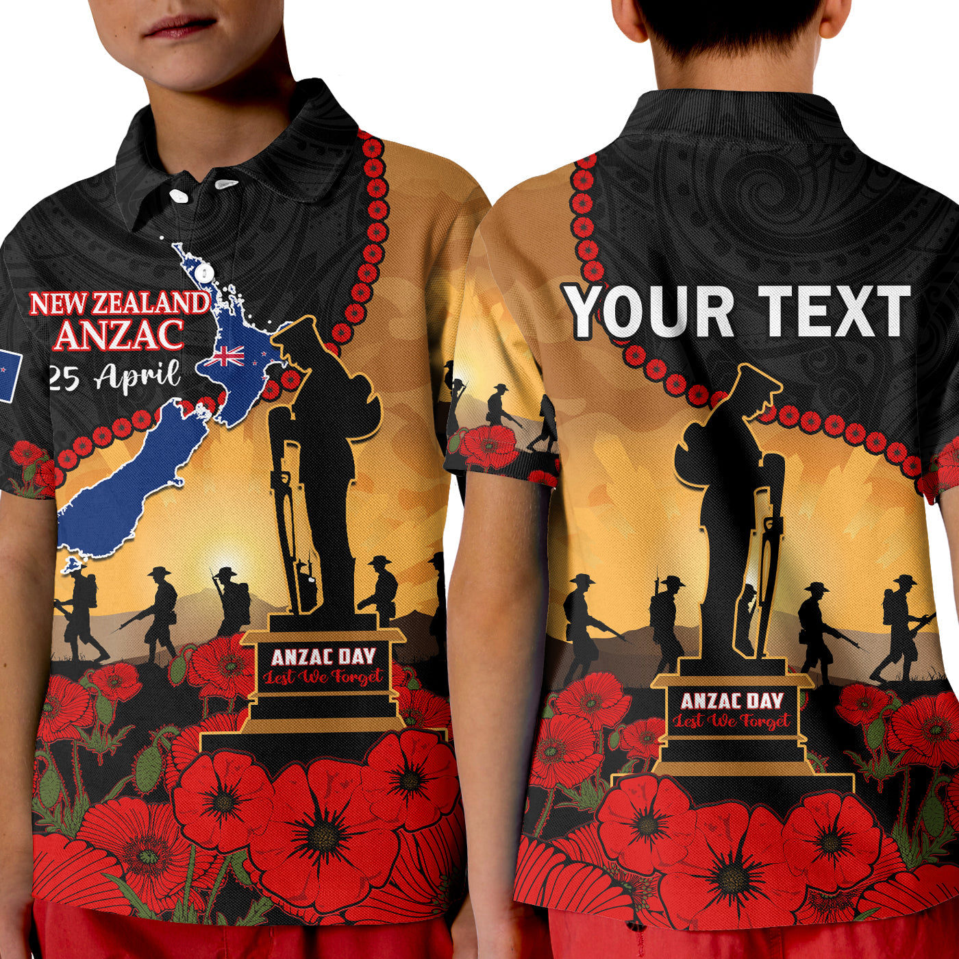 (Custom Personalised) New Zealand Anzac Polo Shirt KID Maori Camouflage Mix Poppies We Will Remember Them LT14 Kid Black - Polynesian Pride