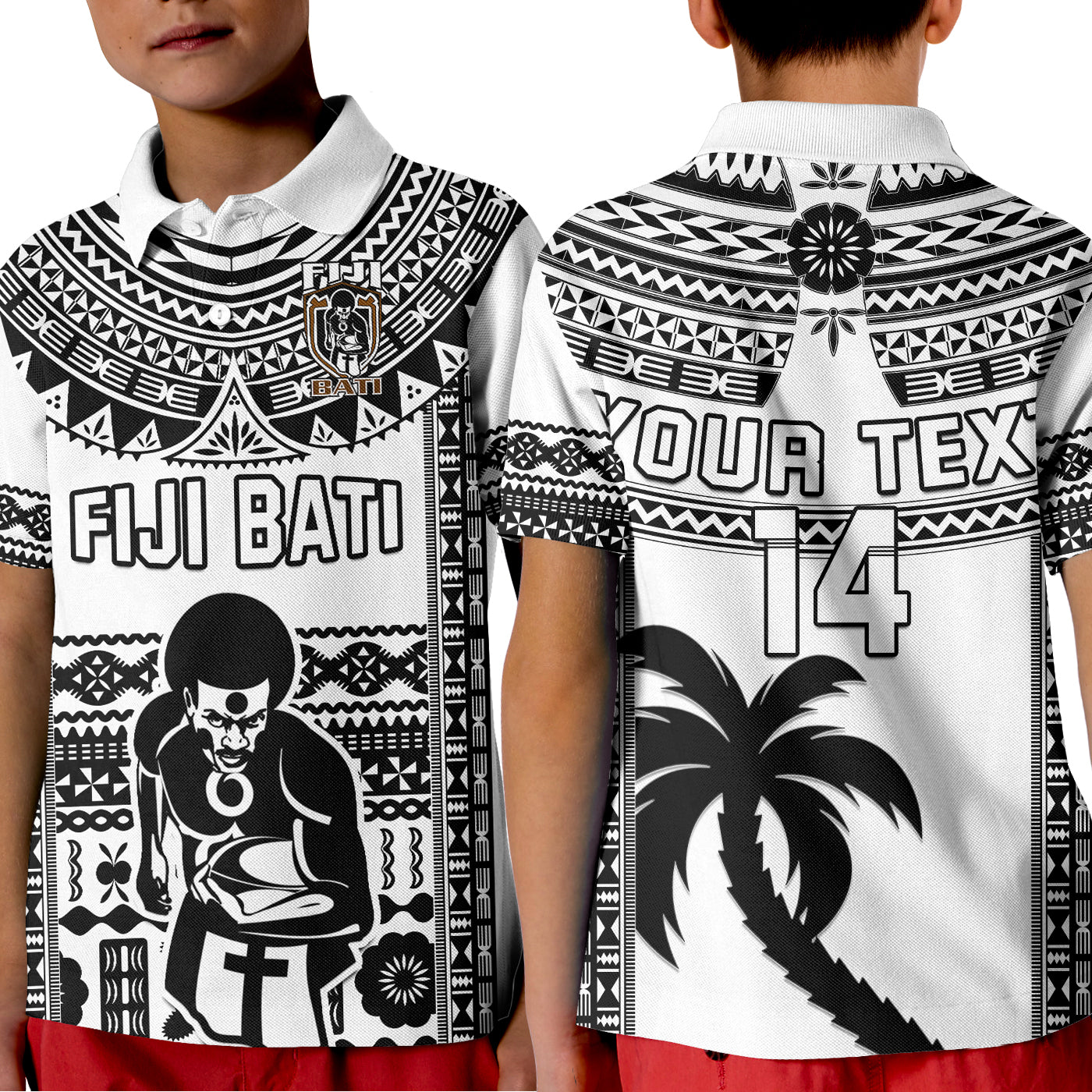 Custom Text and Number Fiji Rugby Polo Shirt KID Pacific The Bati Black Fijian Tapa LT14 Kid Black - Polynesian Pride