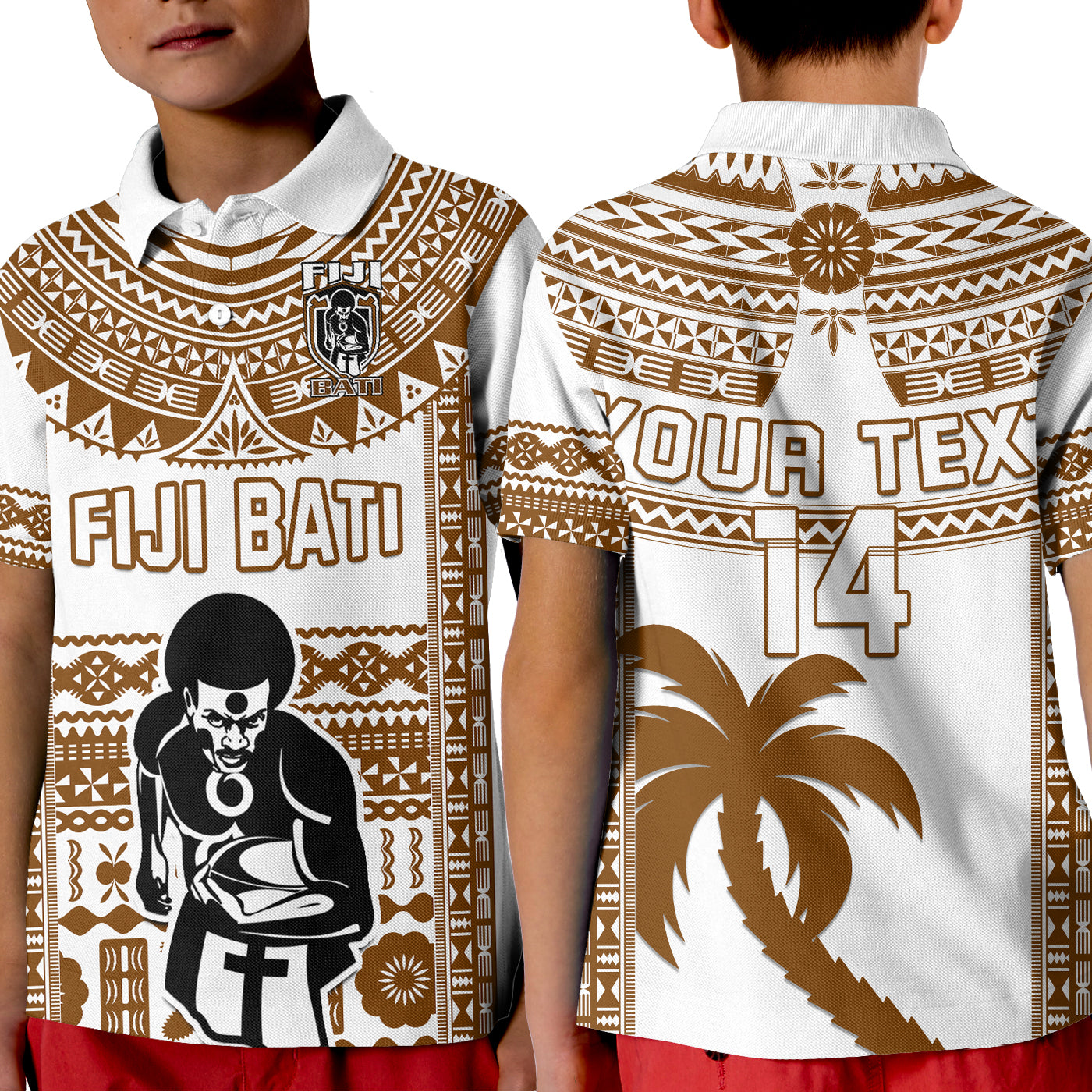 Custom Text and Number Fiji Rugby Polo Shirt KID Pacific The Bati Brown Fijian Tapa LT14 Kid Brown - Polynesian Pride