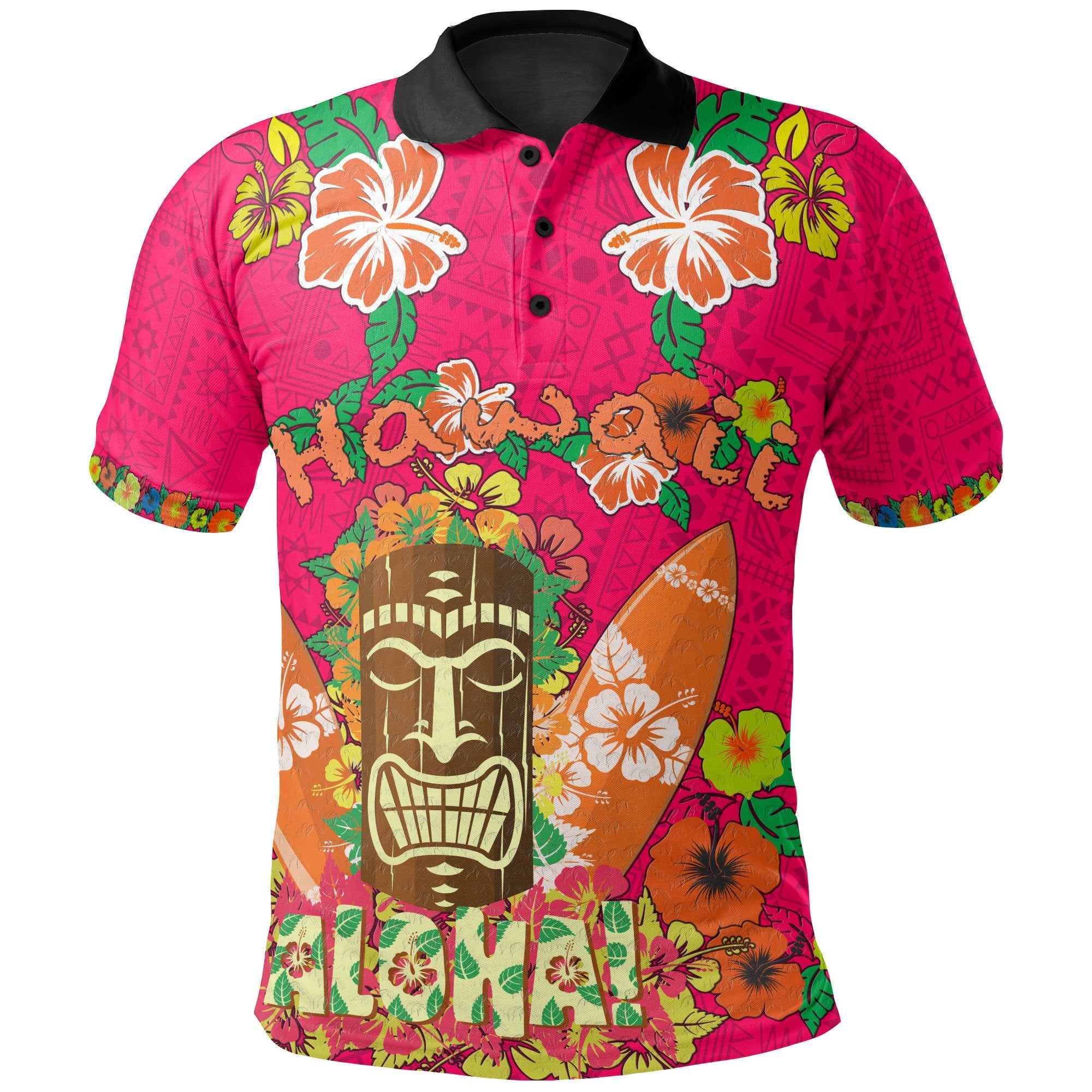 Hawaii All Over Polo Shirt Aloha Hawaii Tiki Statue(Pink) Unisex Pink - Polynesian Pride