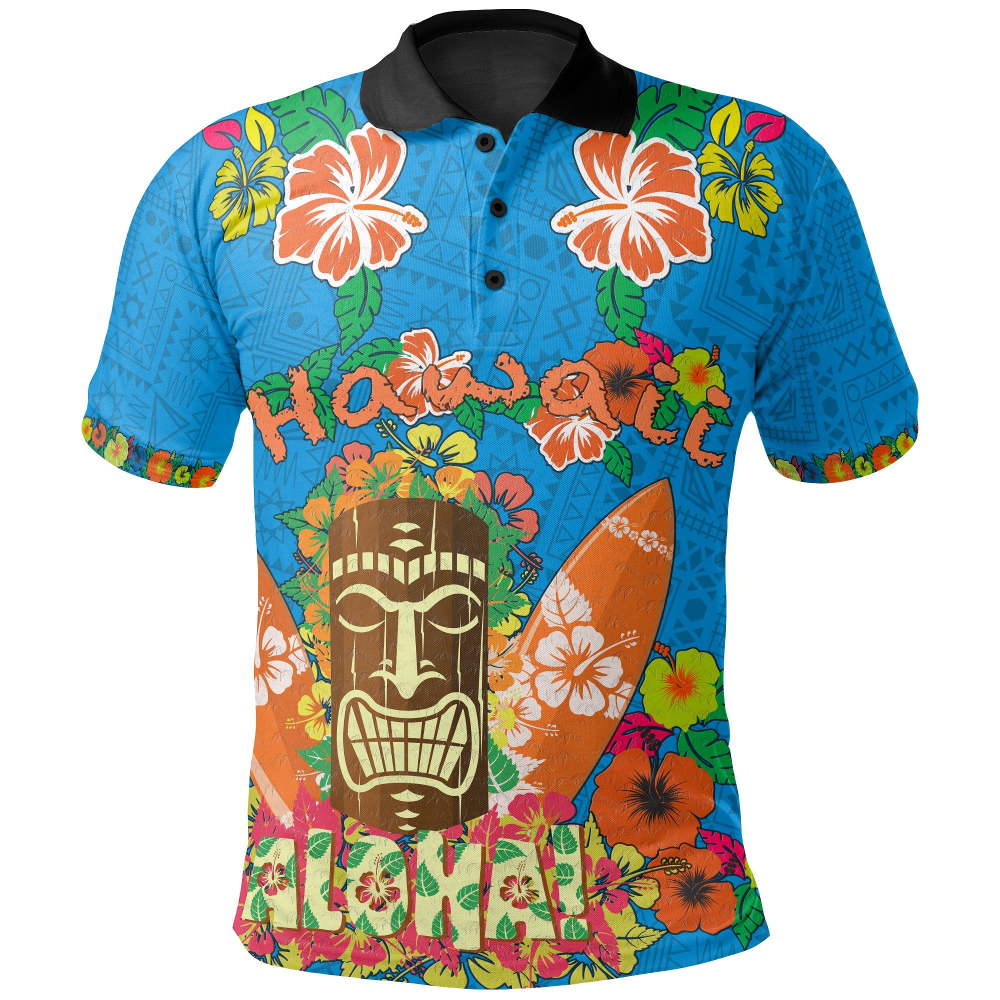 Hawaii All Over Polo Shirt Aloha Hawaii Tiki Statue(Blue) Unisex Blue - Polynesian Pride