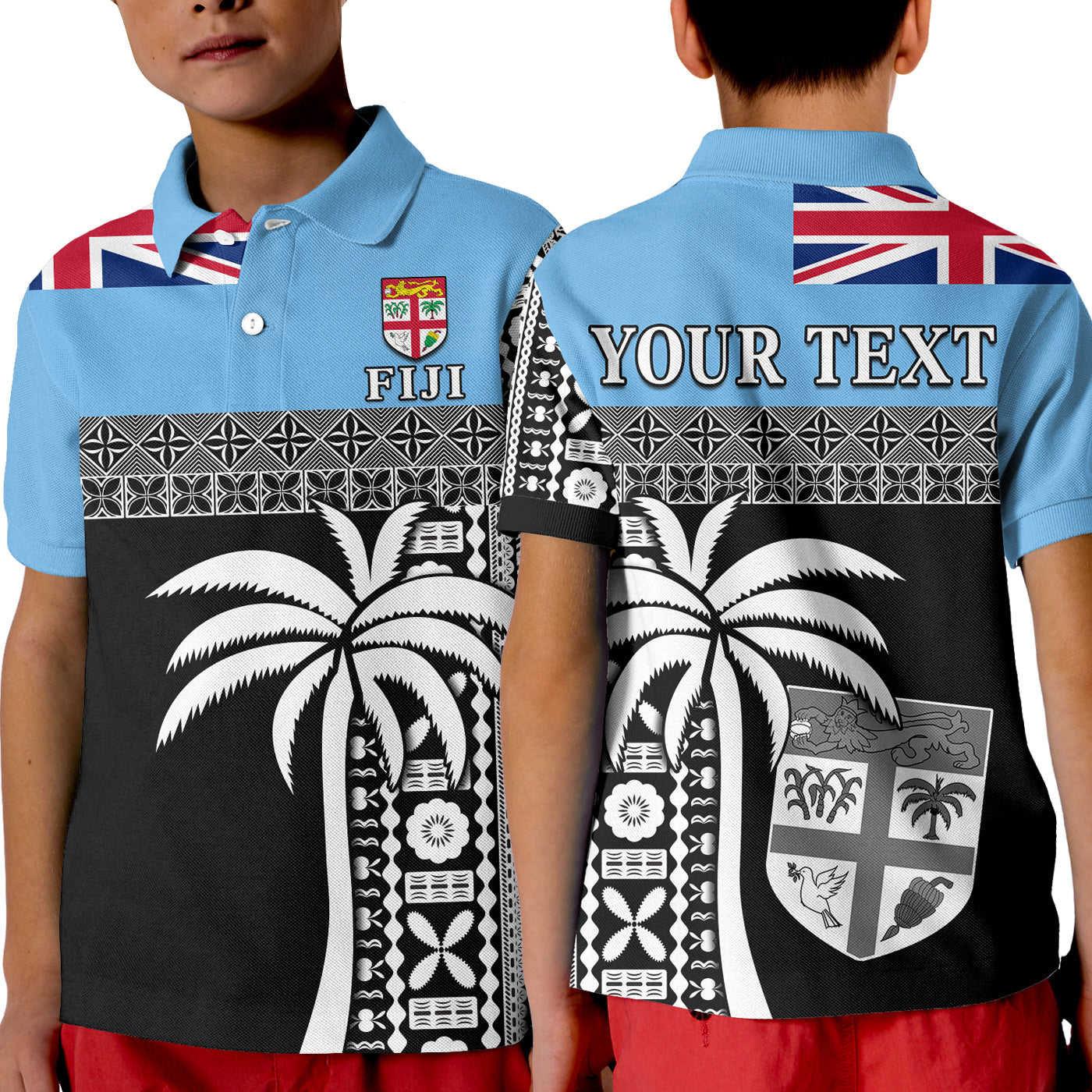 (Custom Personalised) Fiji Tapa Pattern Polo Shirt KID Coconut Tree LT13 Unisex Blue - Polynesian Pride