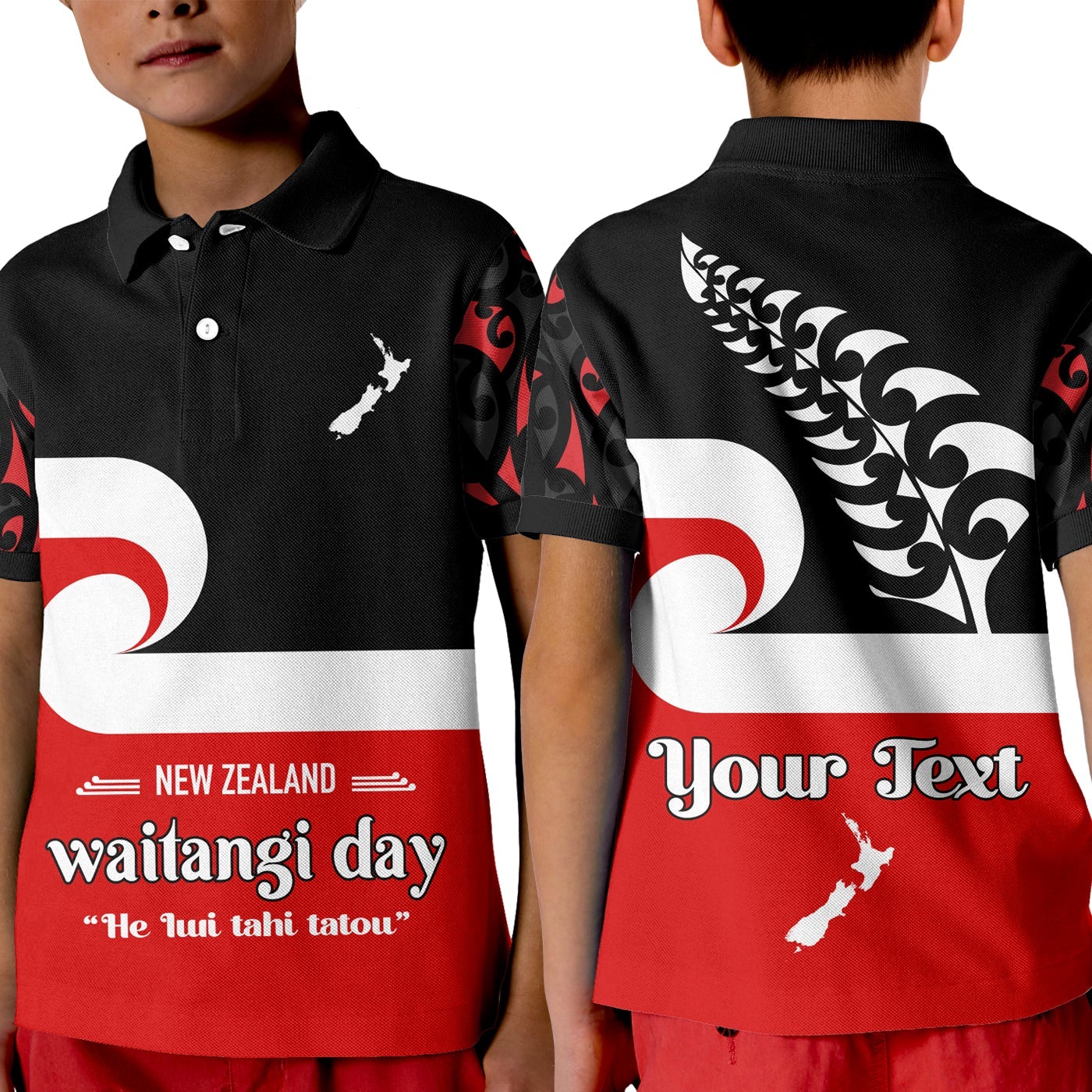 (Custom Personalised) Waitangi Day Polo Shirt KID Maori Fern and Tino Rangatiratanga Flag LT13 Unisex Black - Polynesian Pride