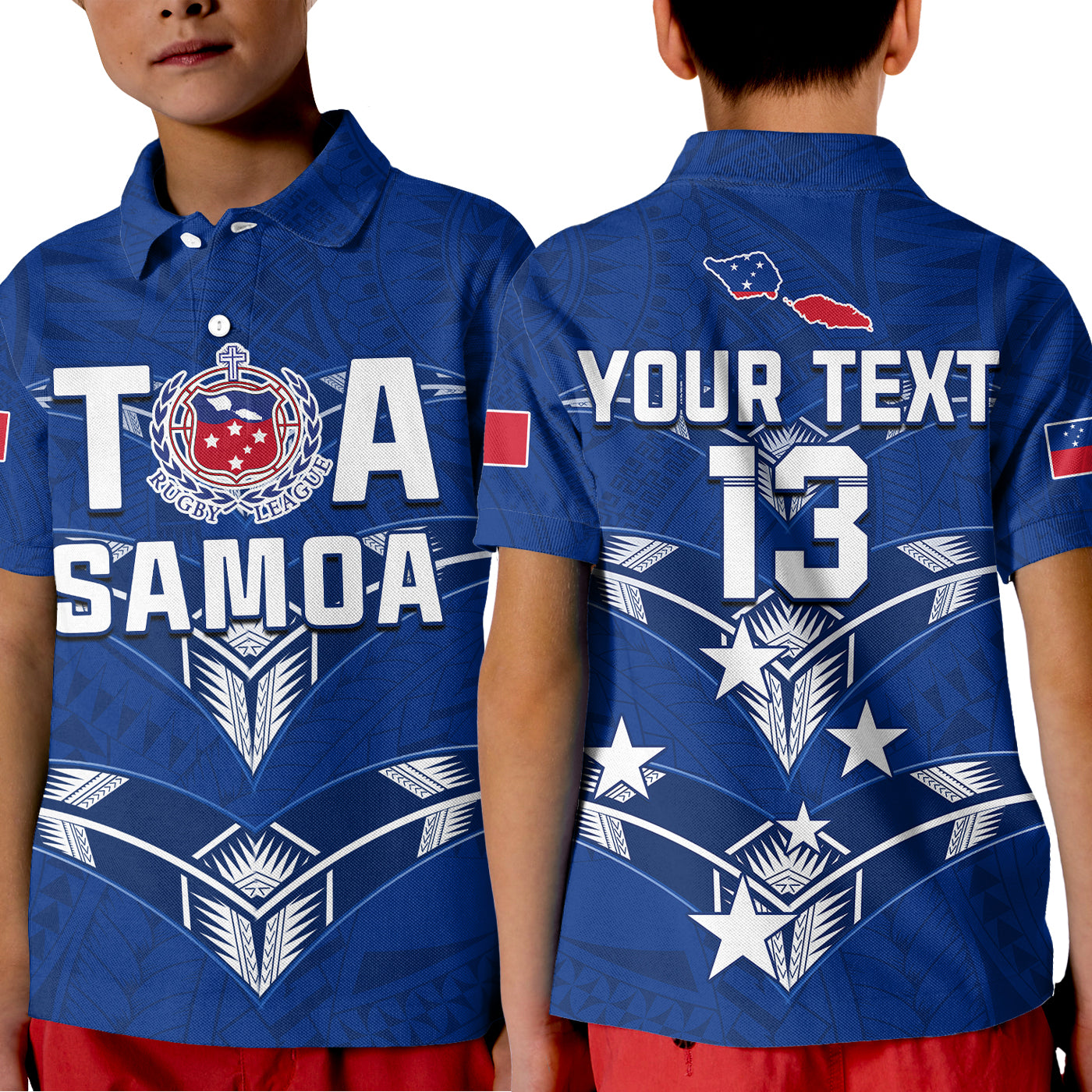 (Custom Personalise Text and Number) Toa Samoa Rugby Polo Shirt KID Siamupini Proud Blue LT13 Kid Blue - Polynesian Pride