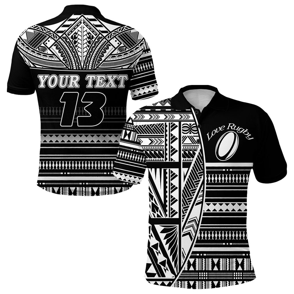 Custom Polynesian Rugby Polo Shirt With Love Custom Text and Number Unisex Black - Polynesian Pride