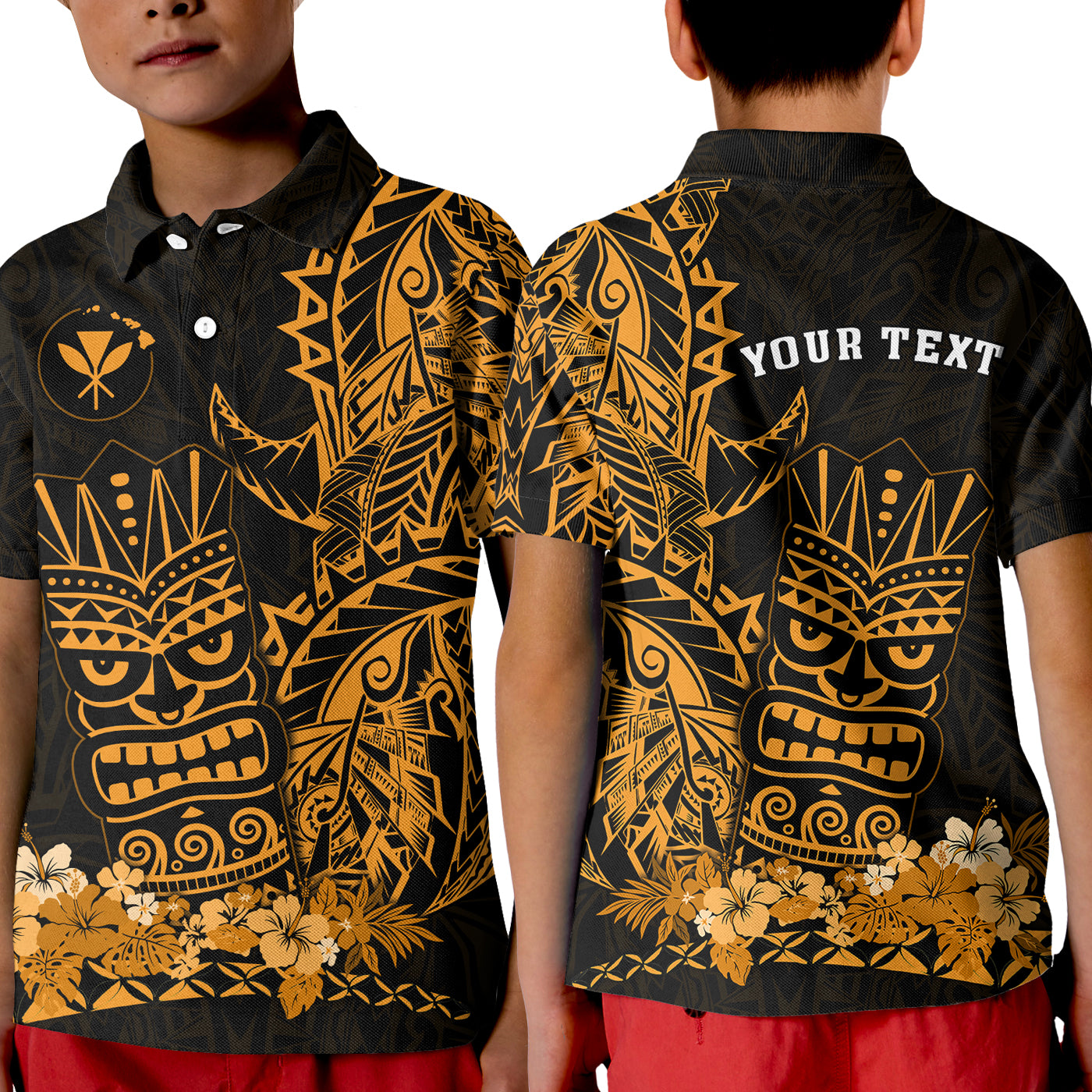 (Custom Personalised) Hawaii Polynesian Polo Shirt KID Gold Tiki Masks Hawaiian LT13 Unisex Gold - Polynesian Pride