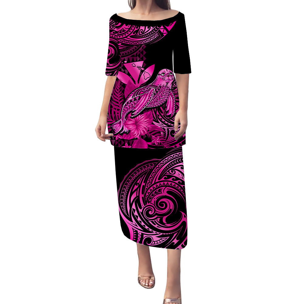 (Custom Personalised) Hawaii Monk Seal Puletasi Dress Kakau With Kanaka Pink LT14 Long Dress Pink - Polynesian Pride