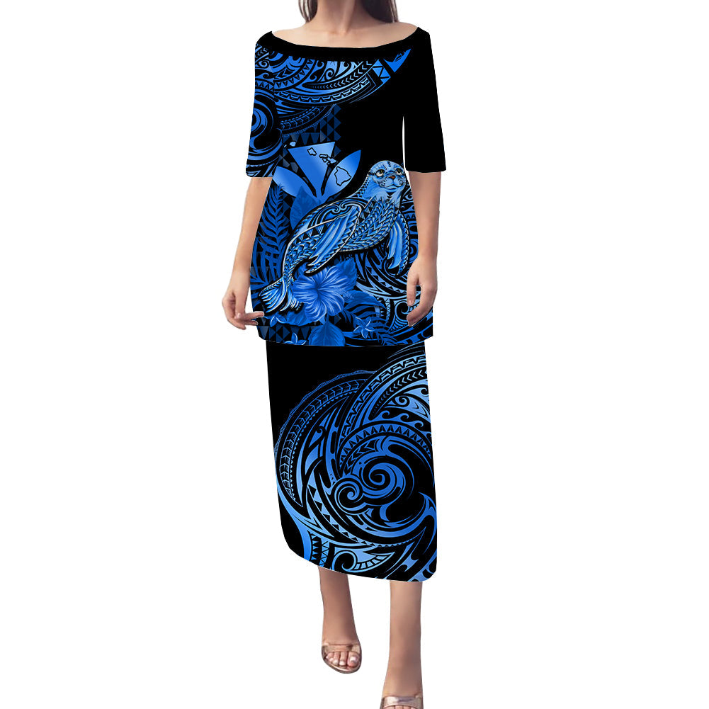 (Custom Personalised) Hawaii Monk Seal Puletasi Dress Kakau With Kanaka Blue LT14 Long Dress Blue - Polynesian Pride