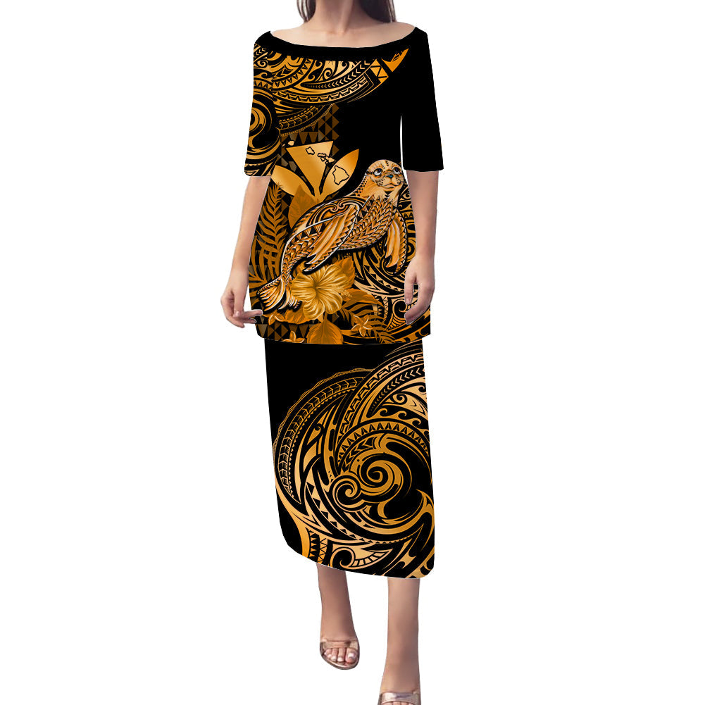 (Custom Personalised) Hawaii Monk Seal Puletasi Dress Kakau With Kanaka Gold LT14 Long Dress Gold - Polynesian Pride