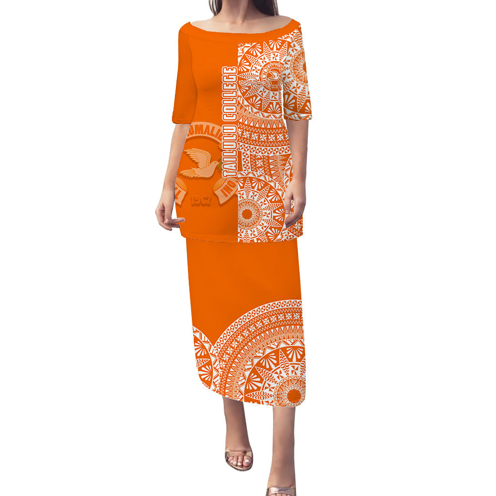 (Custom Personalised) Tailulu Tonga College Puletasi Dress Tongan Ngatu Pattern LT14 Orange - Polynesian Pride