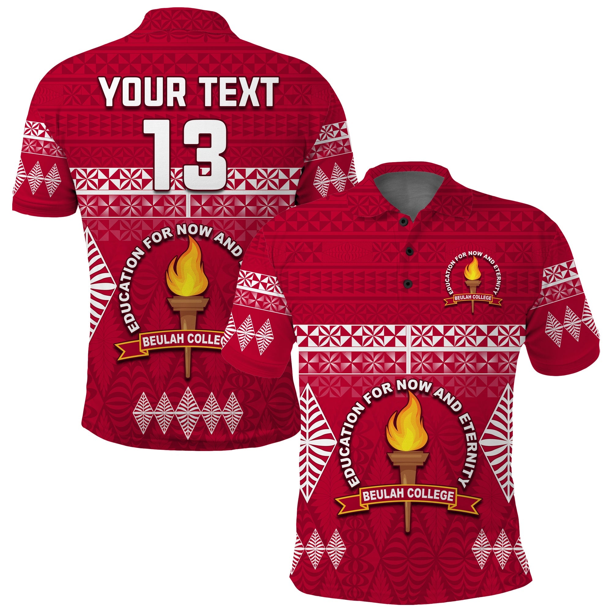 (Custom Text and Number) Beulah College Polo Shirt Ngatu Pattern Tonga LT13 Maroon - Polynesian Pride