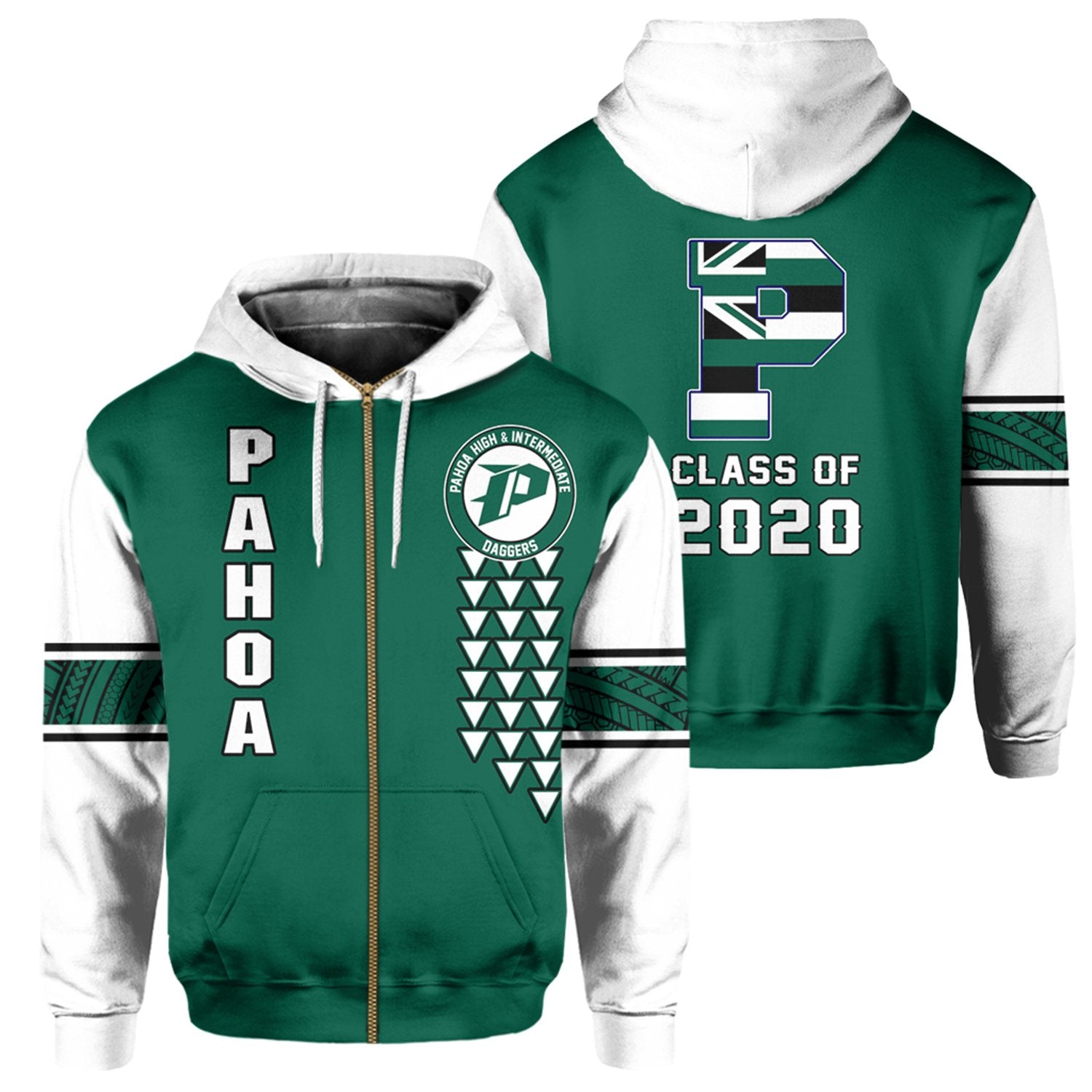 Custom Hawaii Hoodie Pahoa High Custom Your Class Zip Hoodie Unisex Green - Polynesian Pride