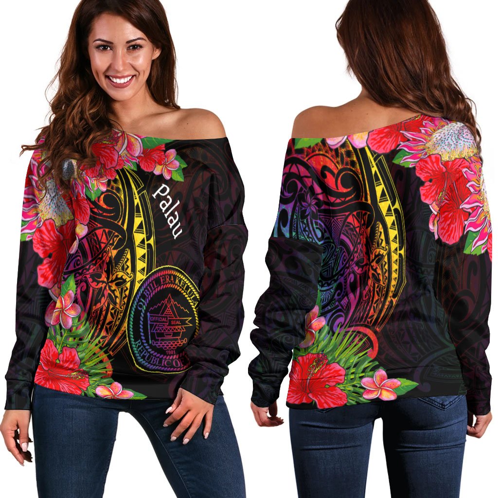 Palau Women's Off Shoulder Sweater - Tropical Hippie Style Black - Polynesian Pride