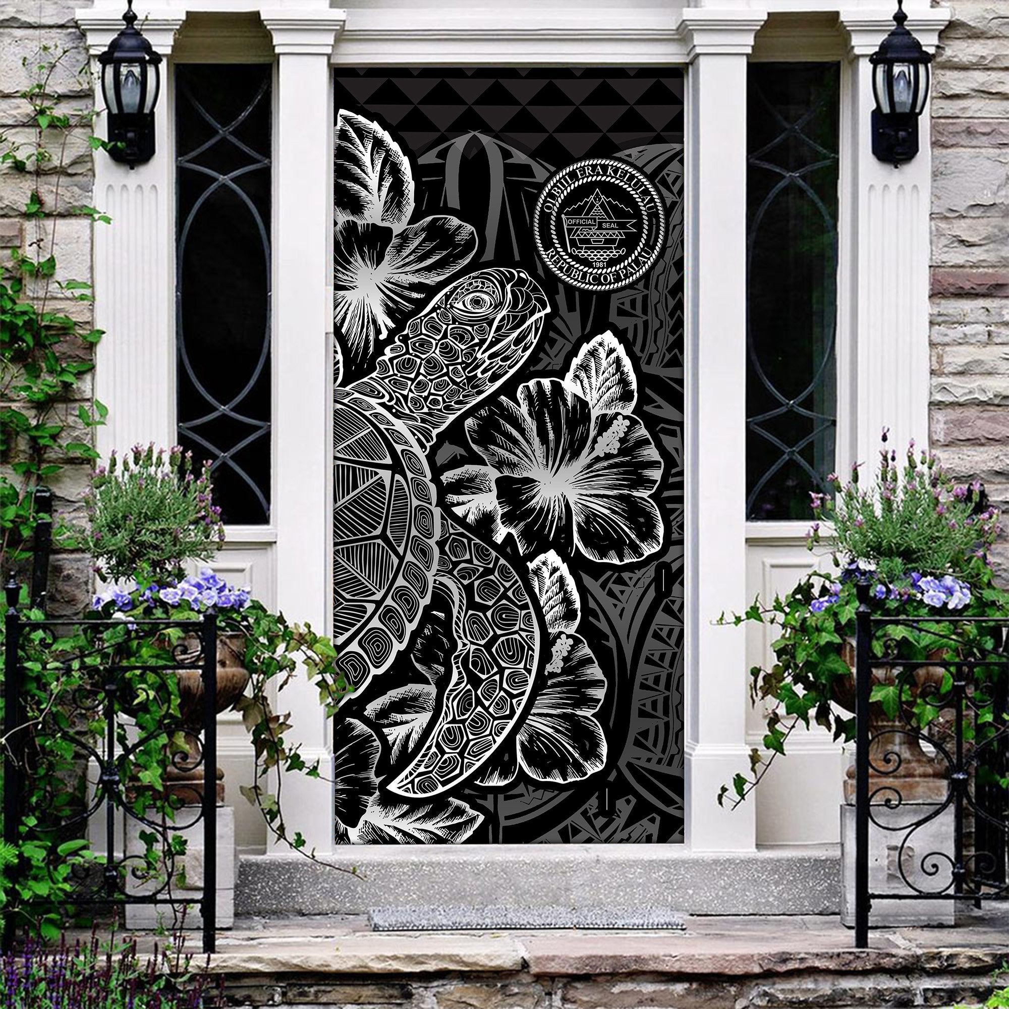 Palau Door Cover Turtle Hibiscus Black - Polynesian Pride