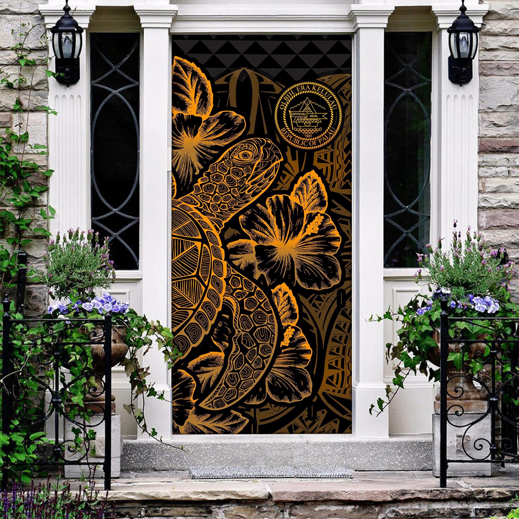 Palau Door Cover Turtle Hibiscus Gold - Polynesian Pride