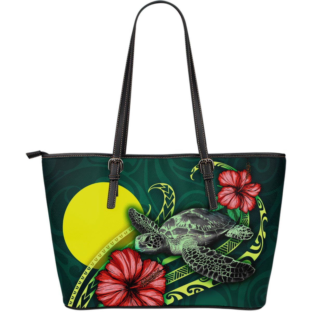 Palau Polynesian Leather Tote Bag - Green Turtle Hibiscus Green - Polynesian Pride