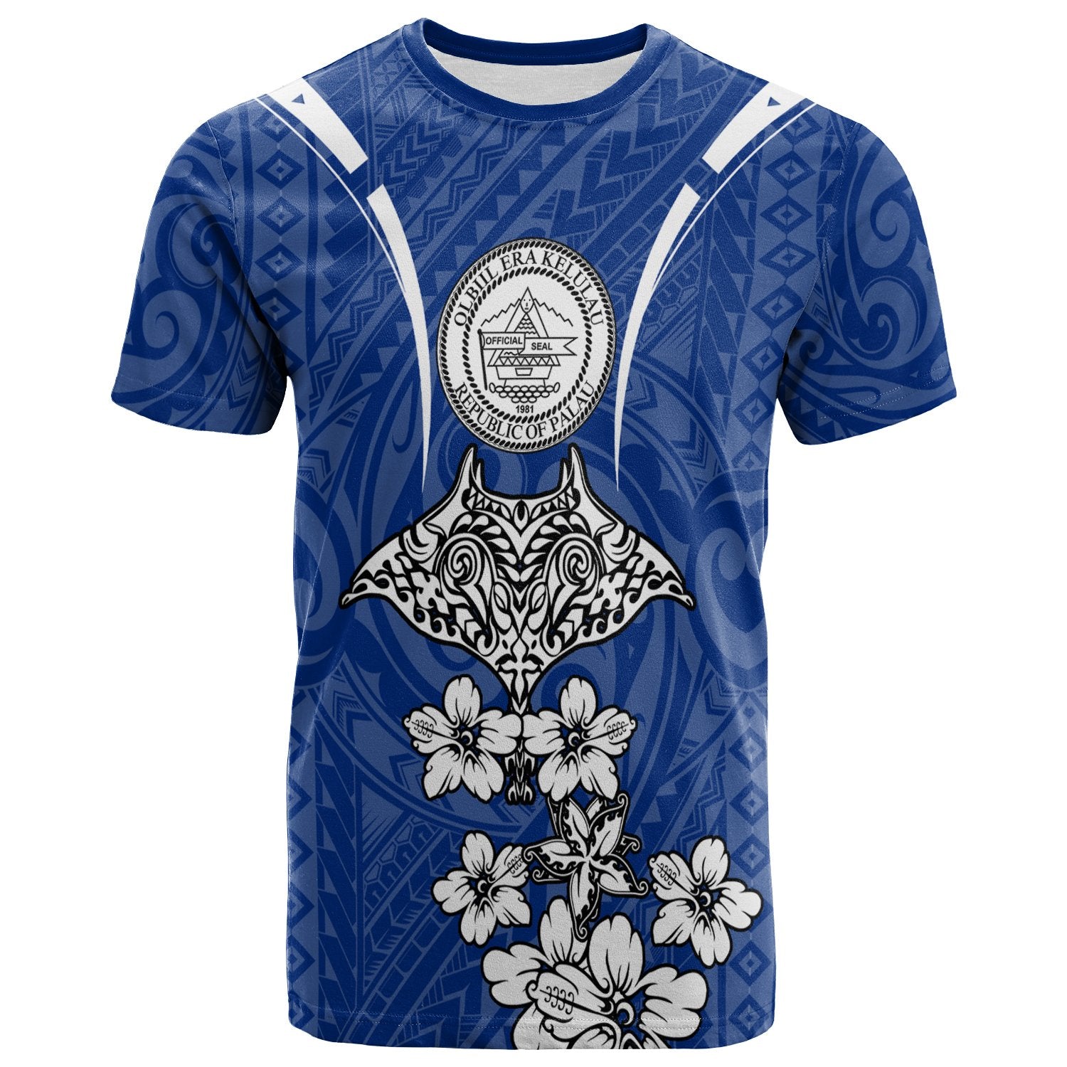 Palau T Shirt Ray Hibiscus Unisex Blue - Polynesian Pride